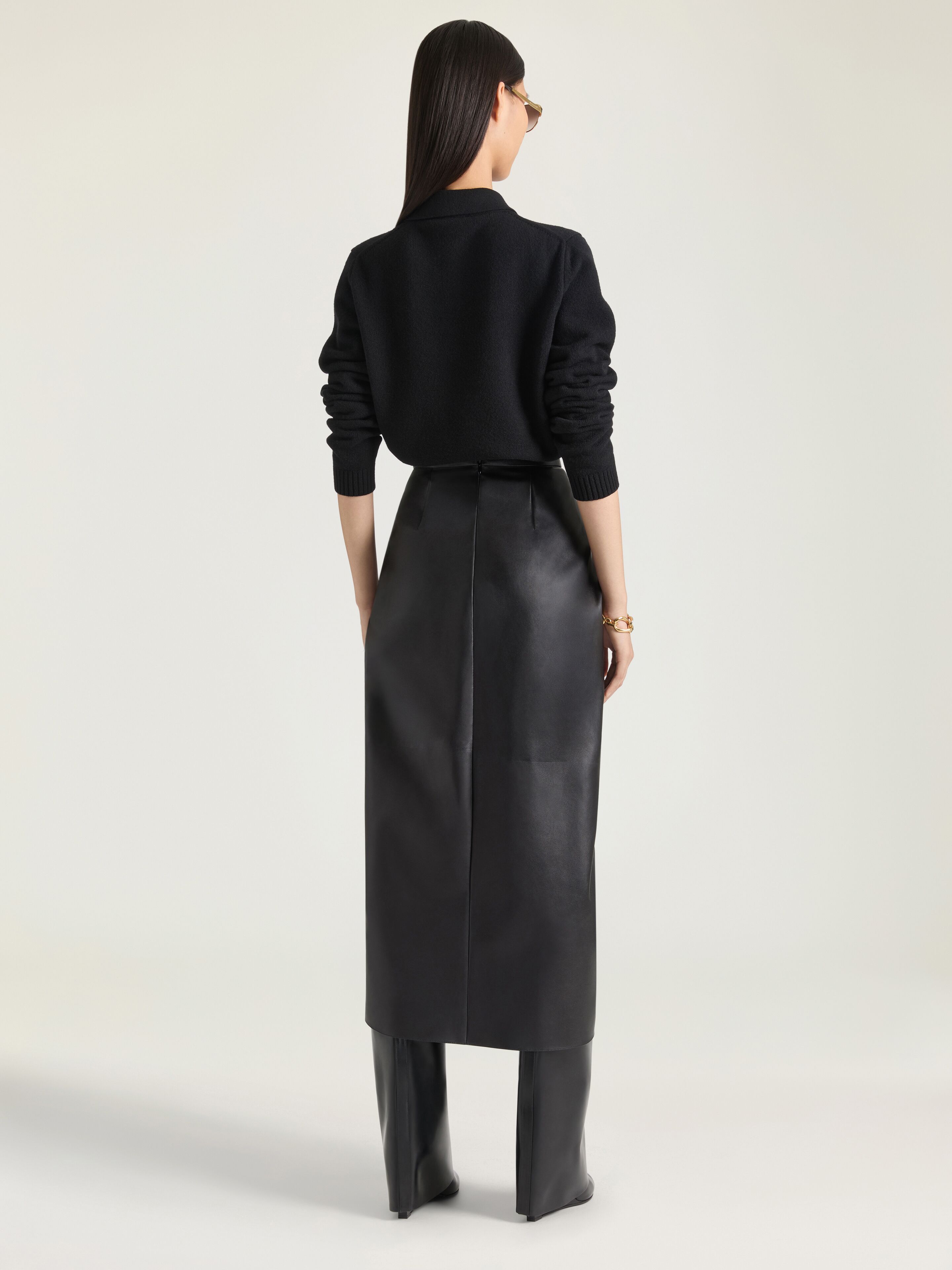Draped midi skirt in nappa leather in - black - BW411061UJ-001