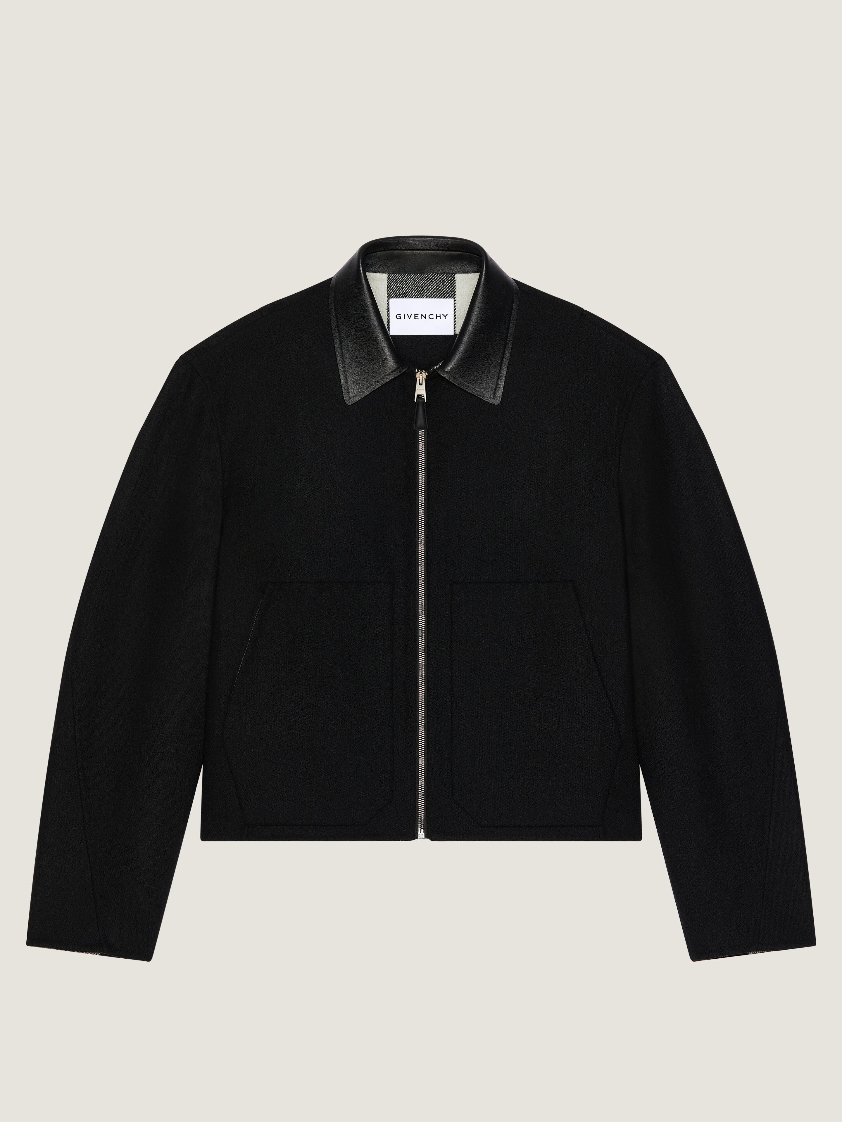 Blouson in wool with leather collar and checked reverse in - cream