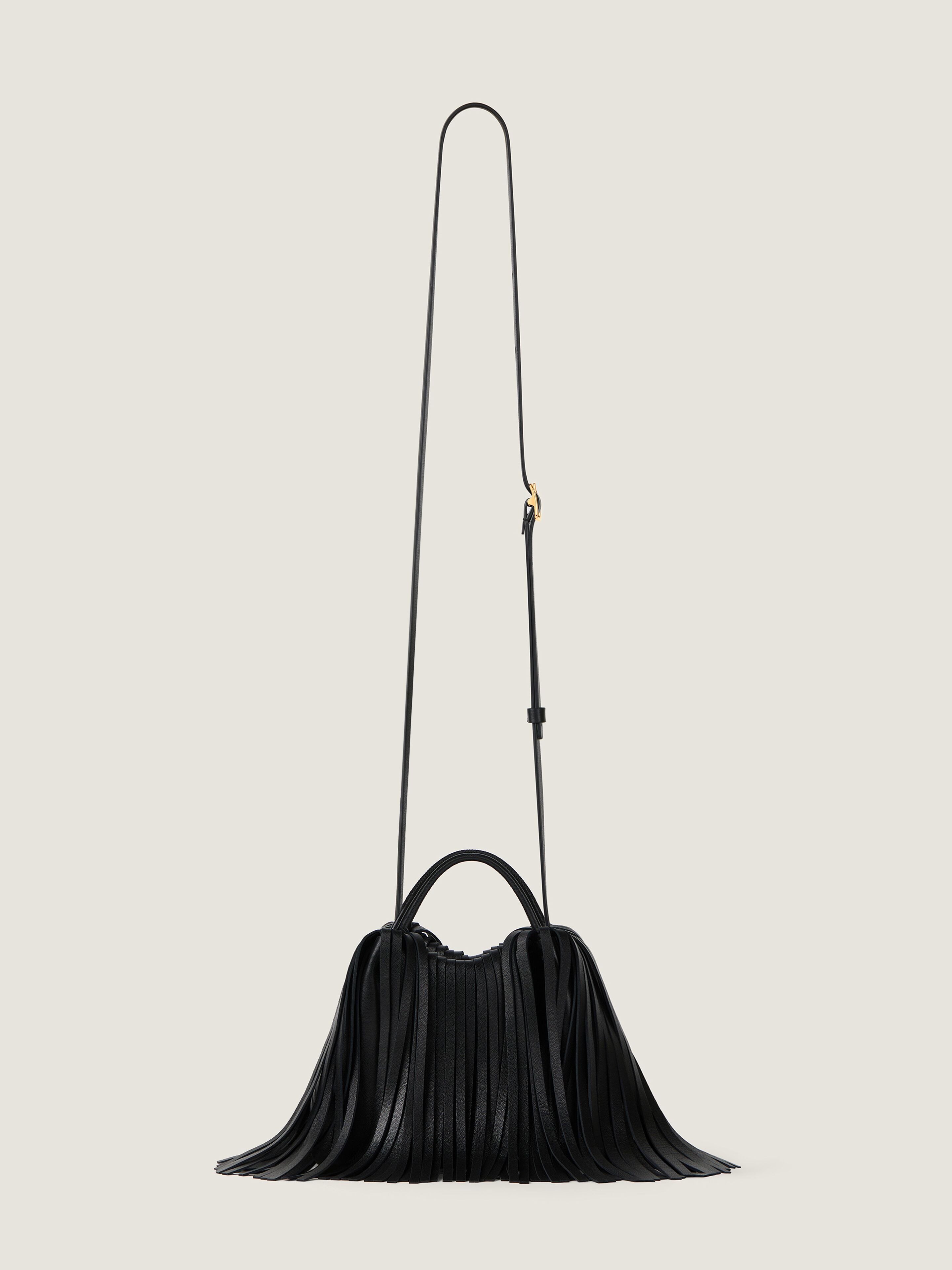 Nano Facet tote bag in leather with fringes in - black