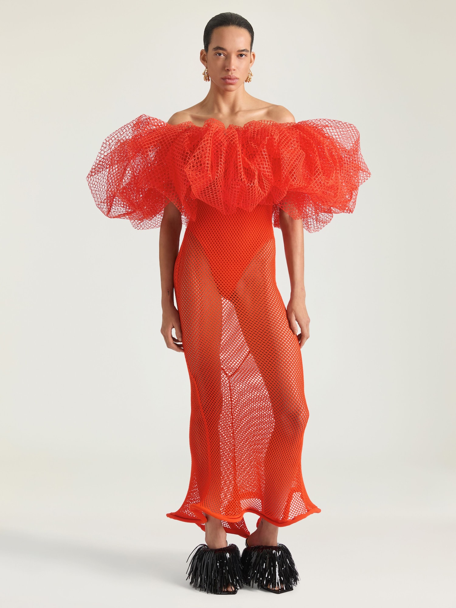 Long ruffled dress in mesh