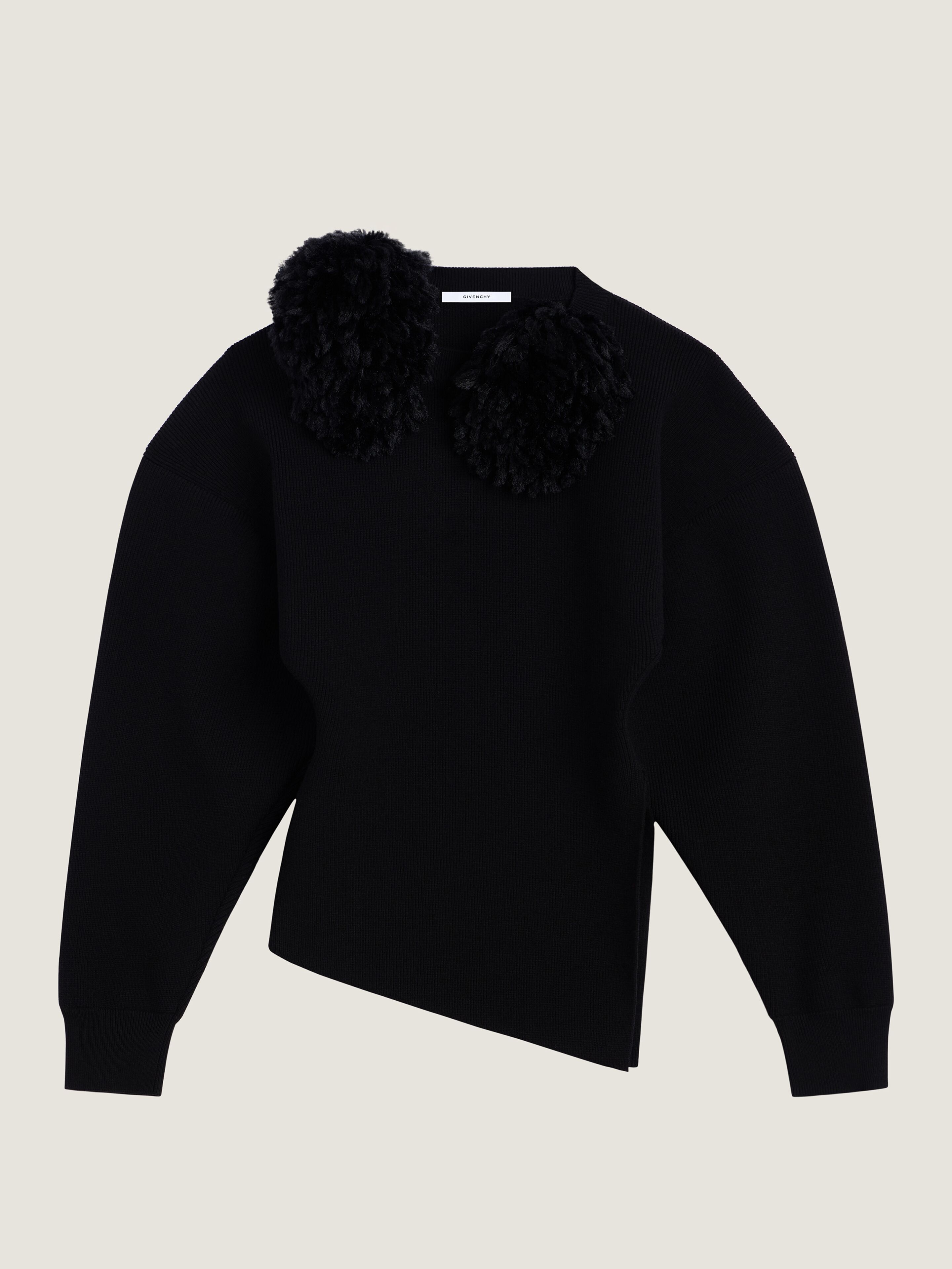 Givenchy Asymmetric Sweater In Wool With Pompoms In Black