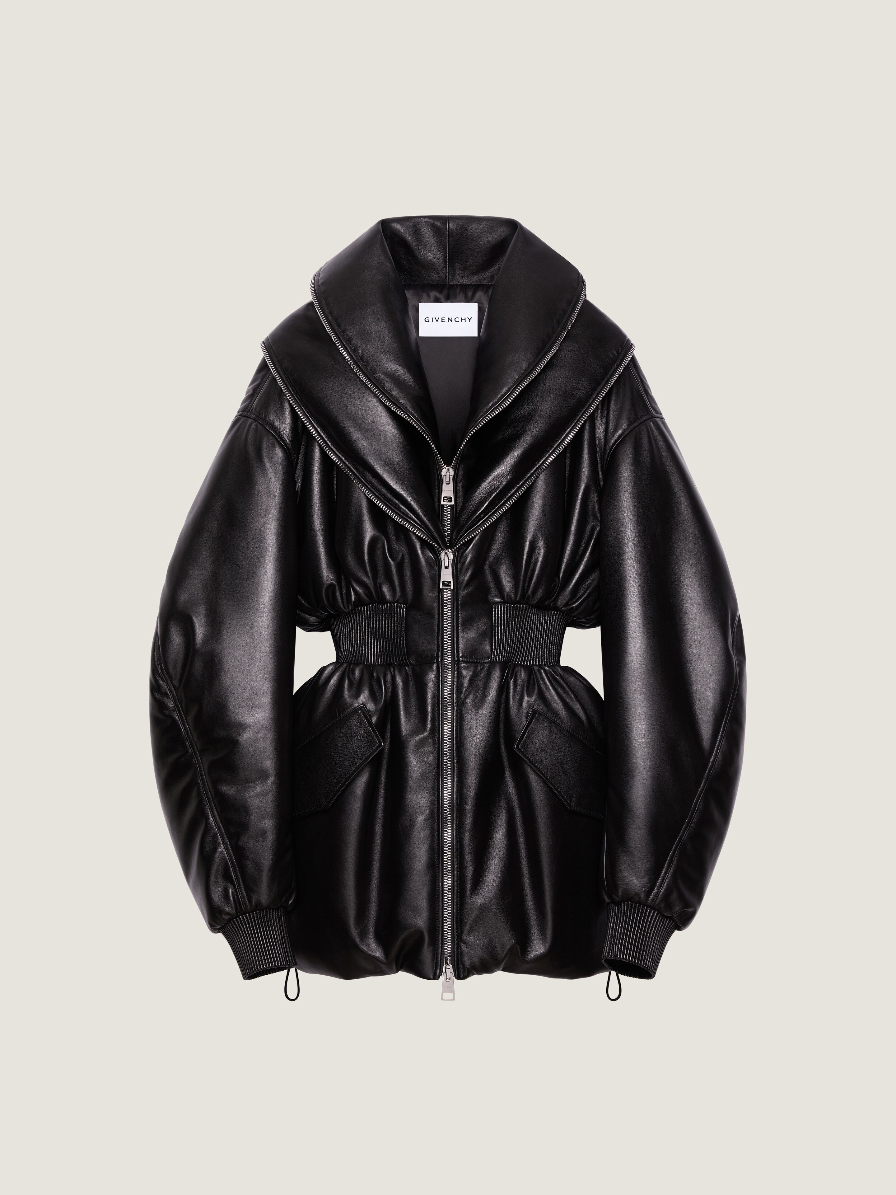 Hourglass bomber with zipped shawl collar in leather in - black