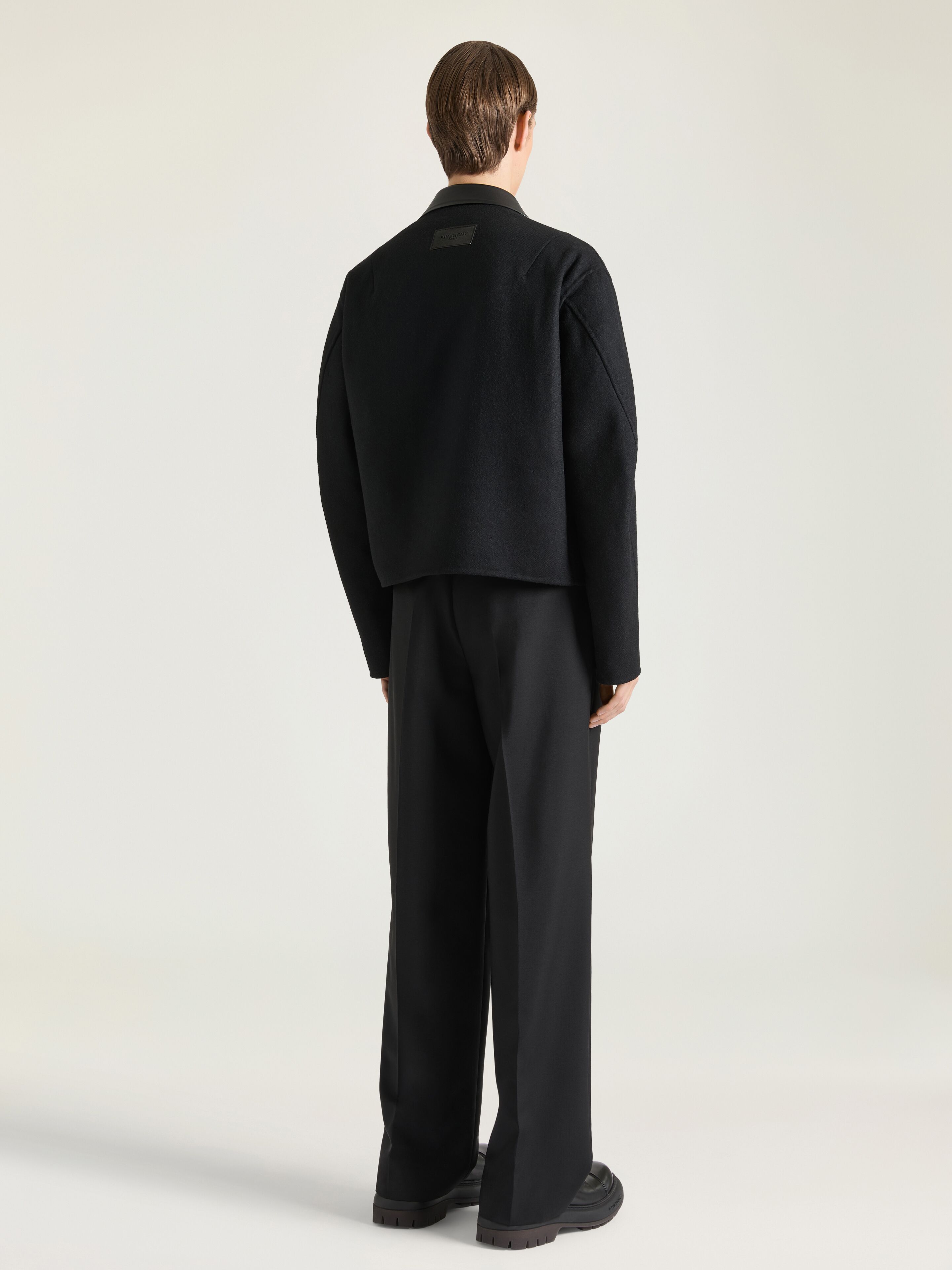 Blouson in wool with leather collar and checked reverse in - cream