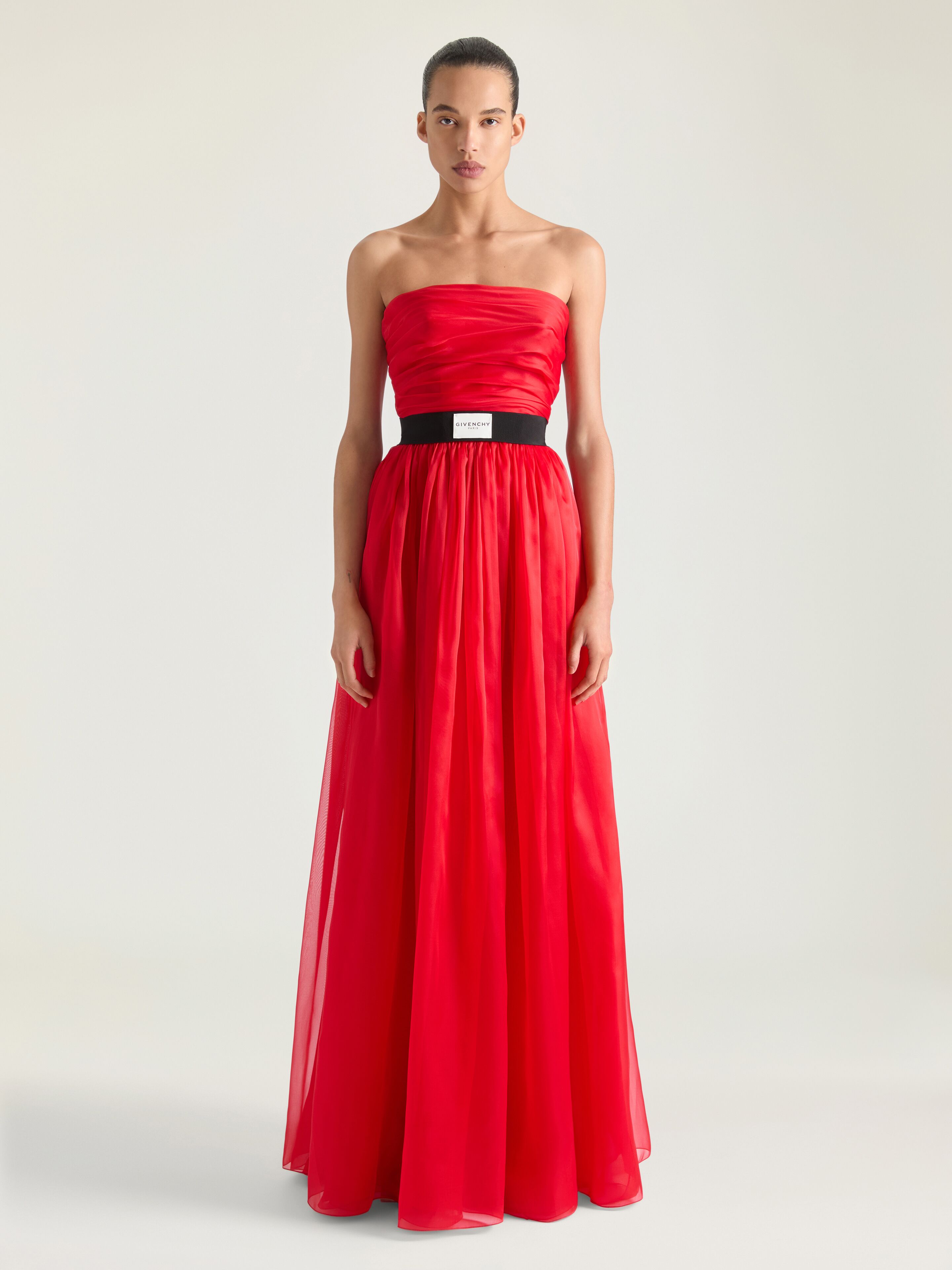 Bustier evening dress in organza in - vermillon - BW22FD1636-640