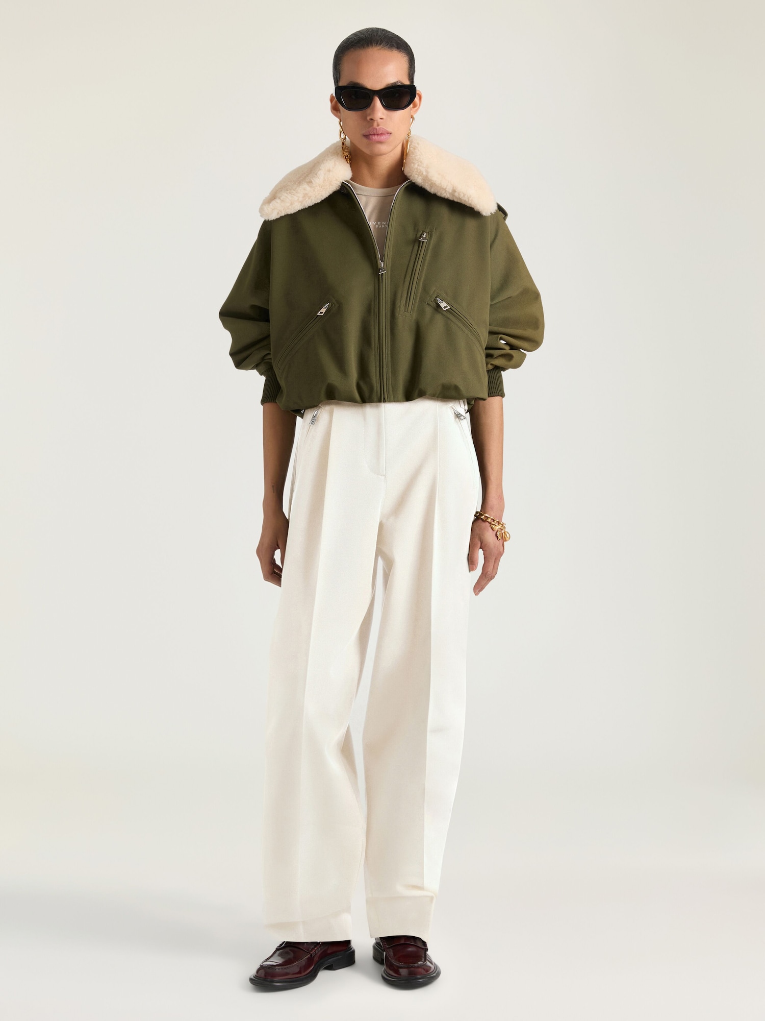 Bomber in cotton and wool with shearling collar