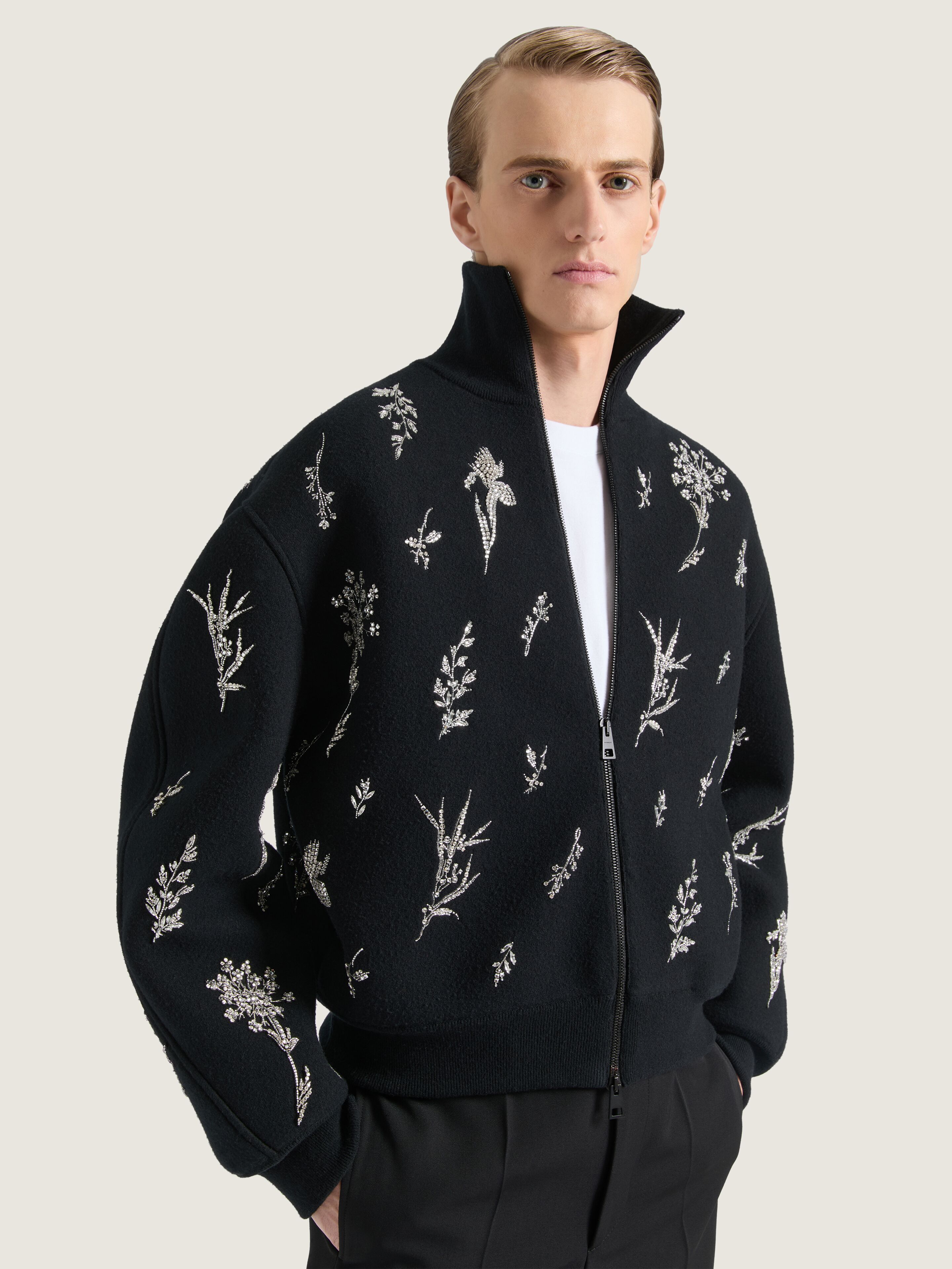 Cocoon bomber in wool knit with crystal embroidery in - black