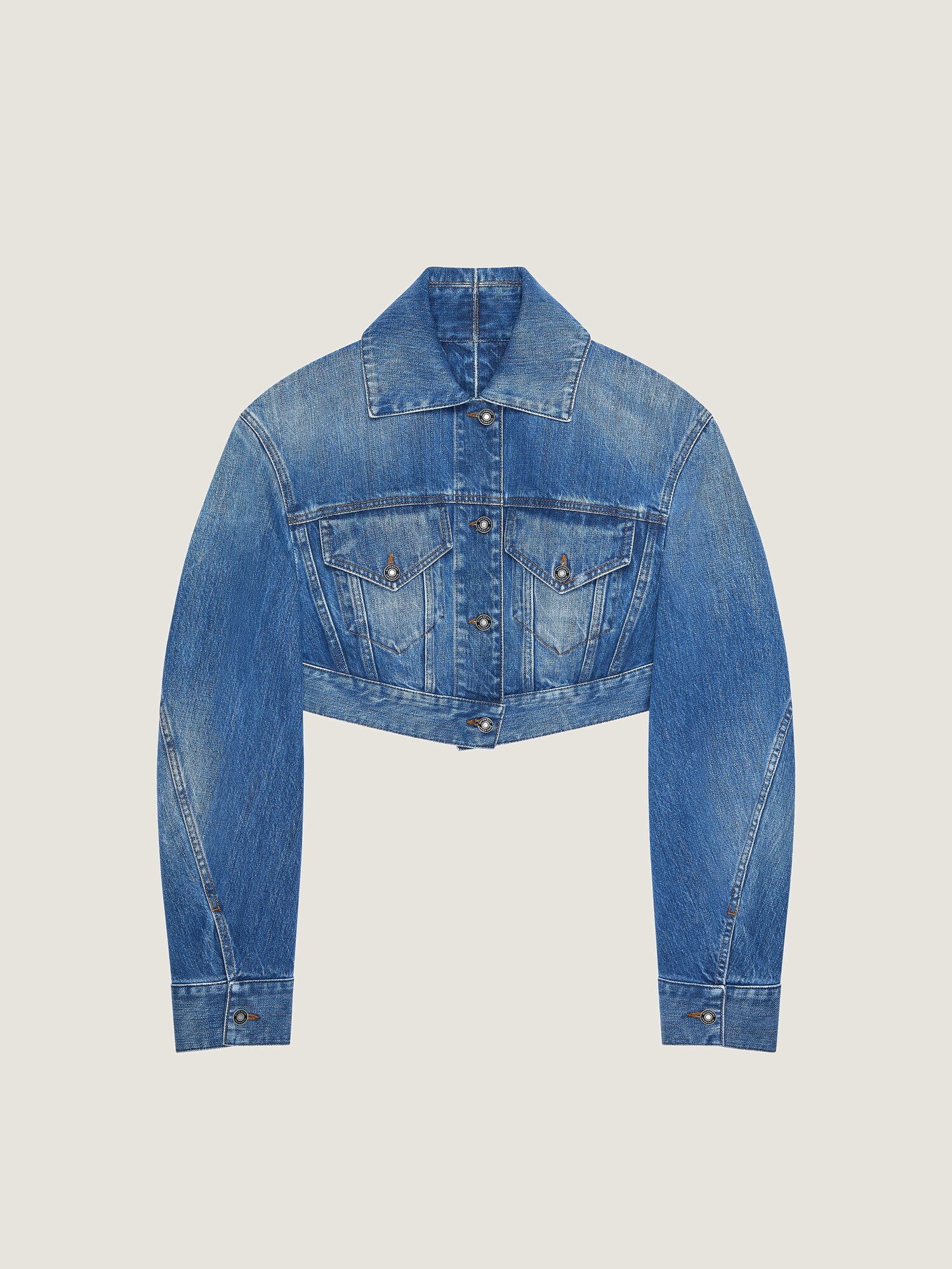 Cropped opened back jacket in medium blue denim in - medium blue 