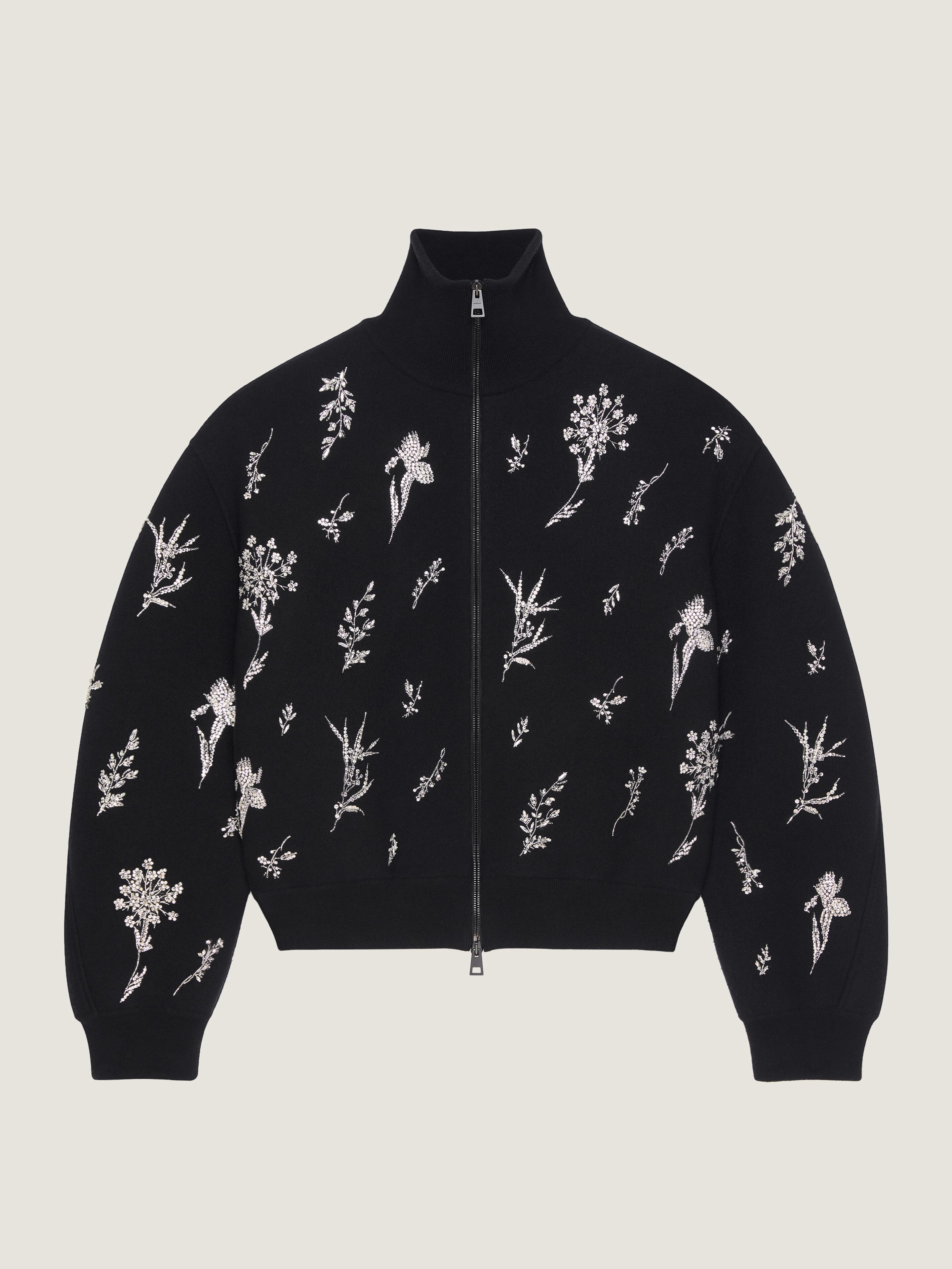Cocoon bomber in wool knit with crystal embroidery in - black