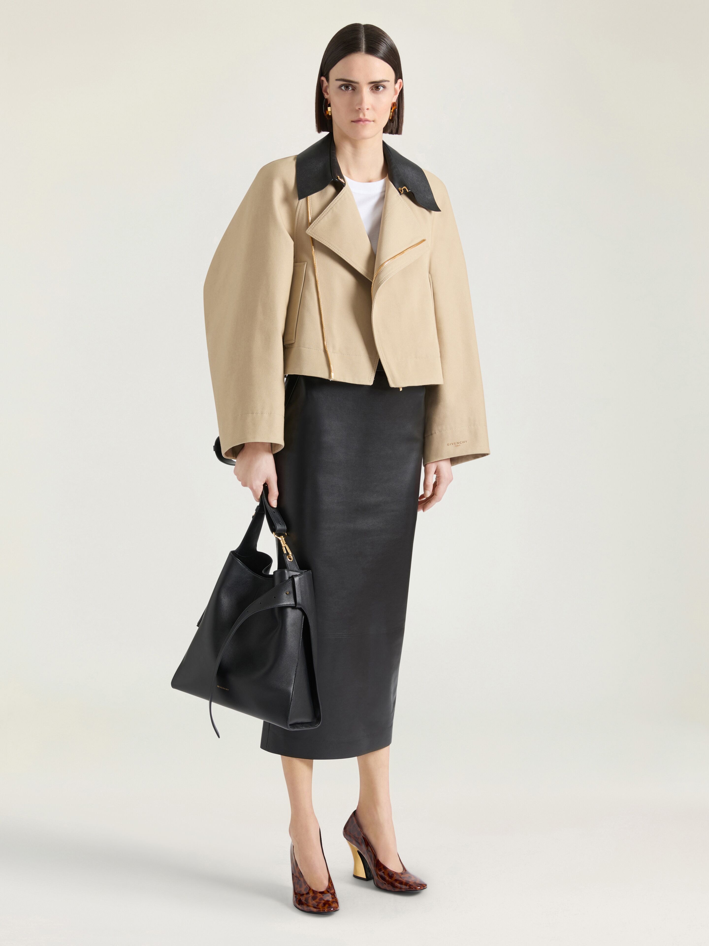 Cropped peacoat with leather collar in cotton and wool in - beige