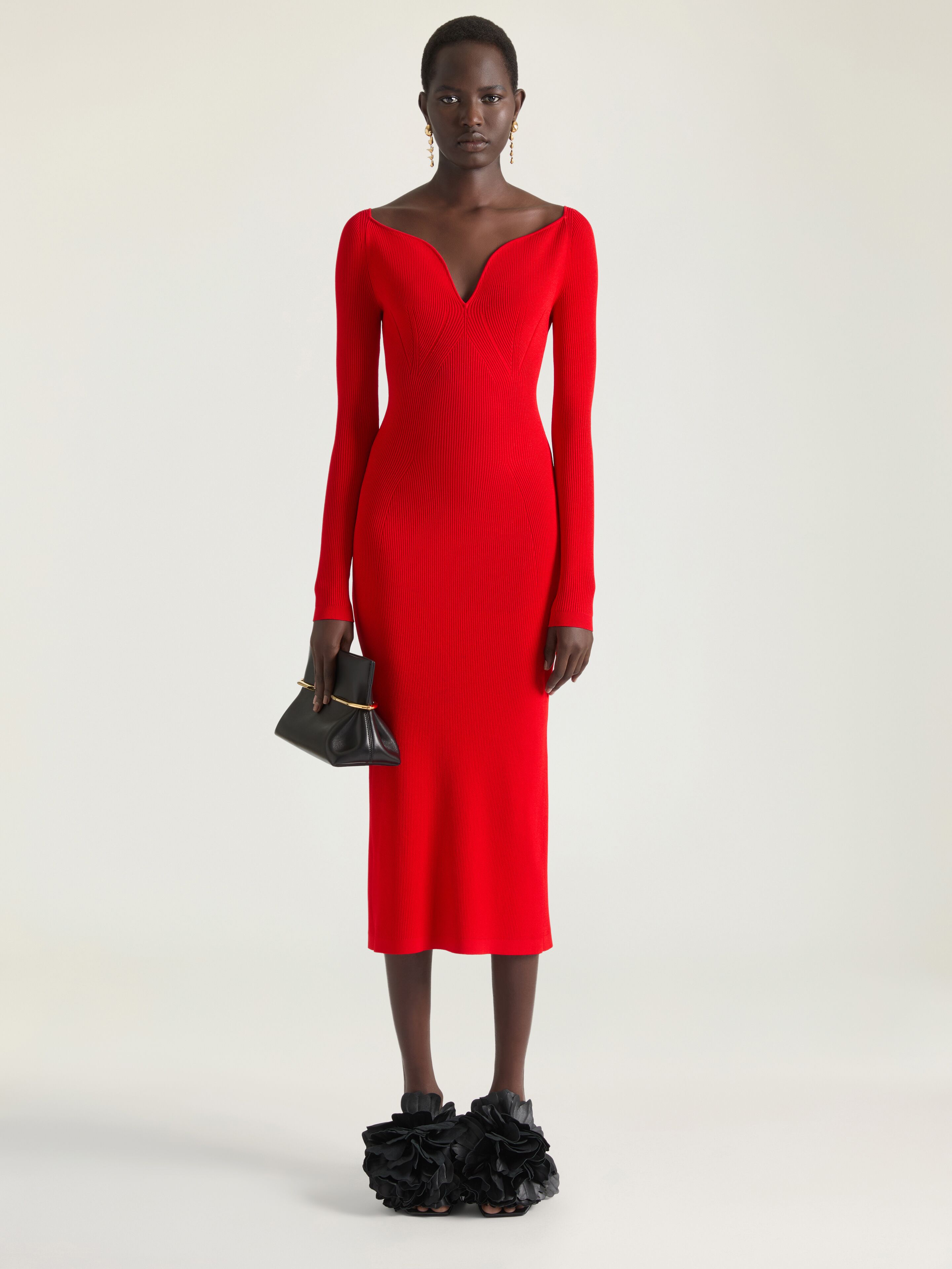 Kickback midi dress in ribbed knit in - poppy red - BW22UL4ZU1-626