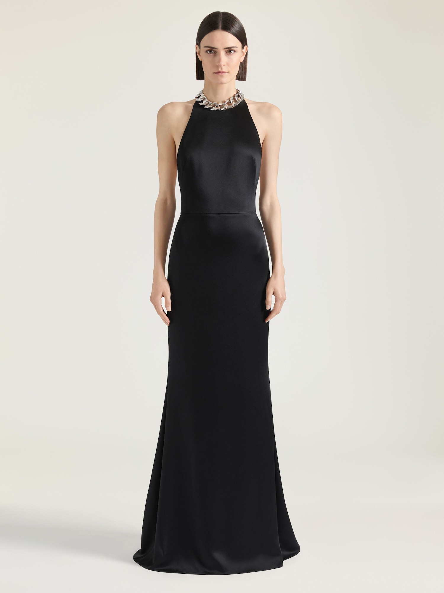 green emerald velvet dress Verona Embellished Plunge Neck Halter Neck Evening Gown in Black main image 0