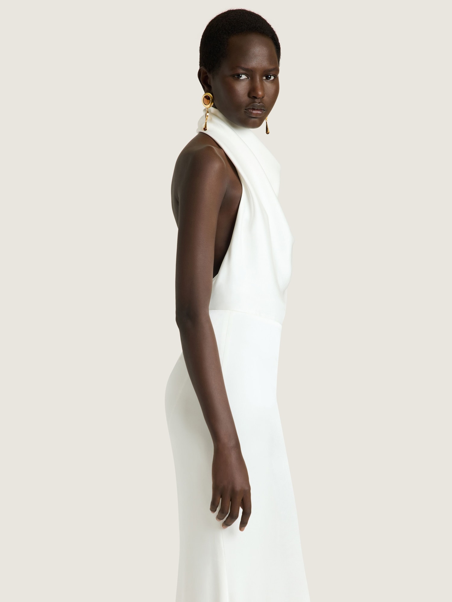 formal white halter dress Long draped halterneck in satin crepe in - off - BWN01S14N6-130 halter dress wedding guest