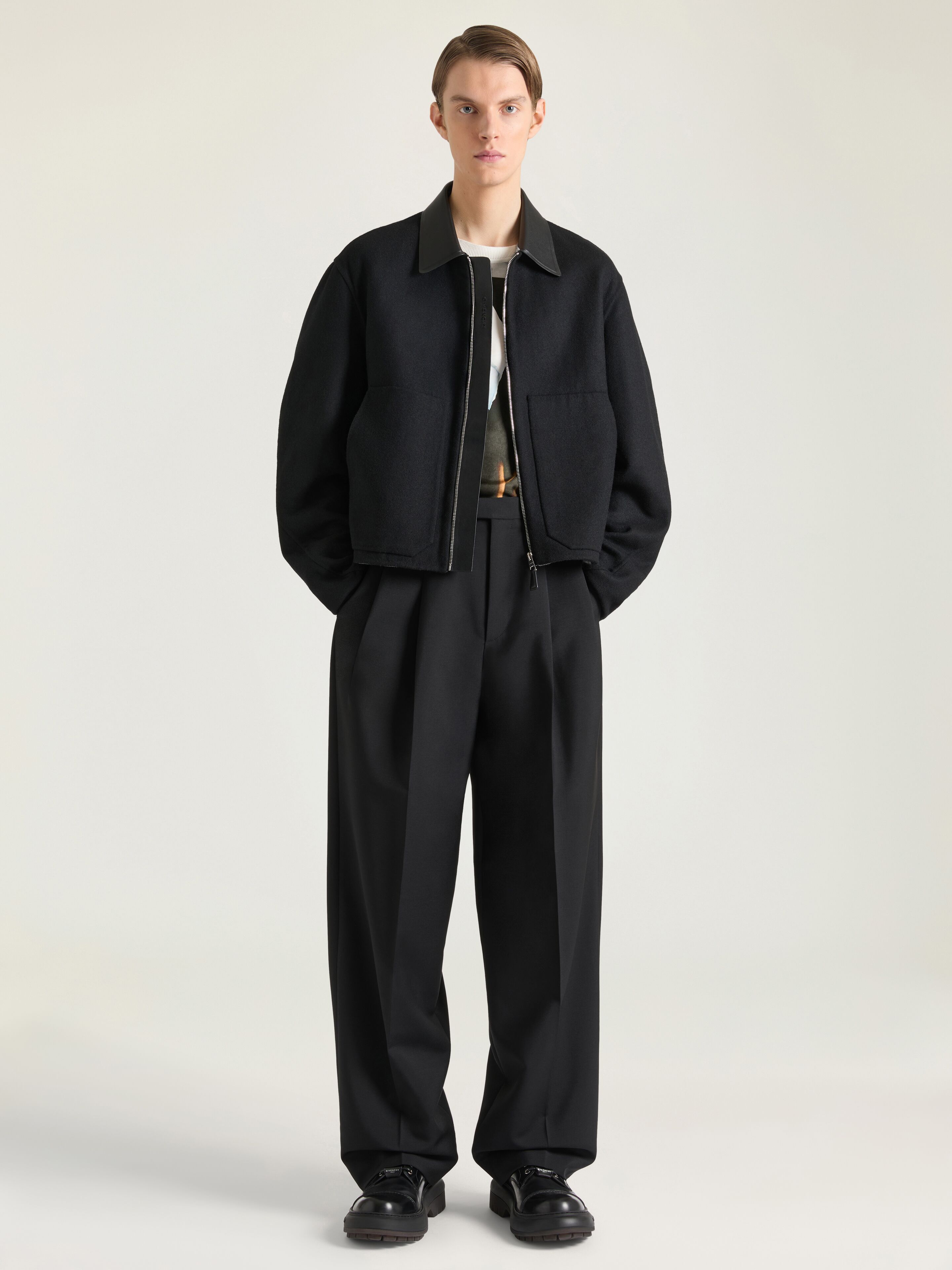Blouson in wool with leather collar and checked reverse in - cream