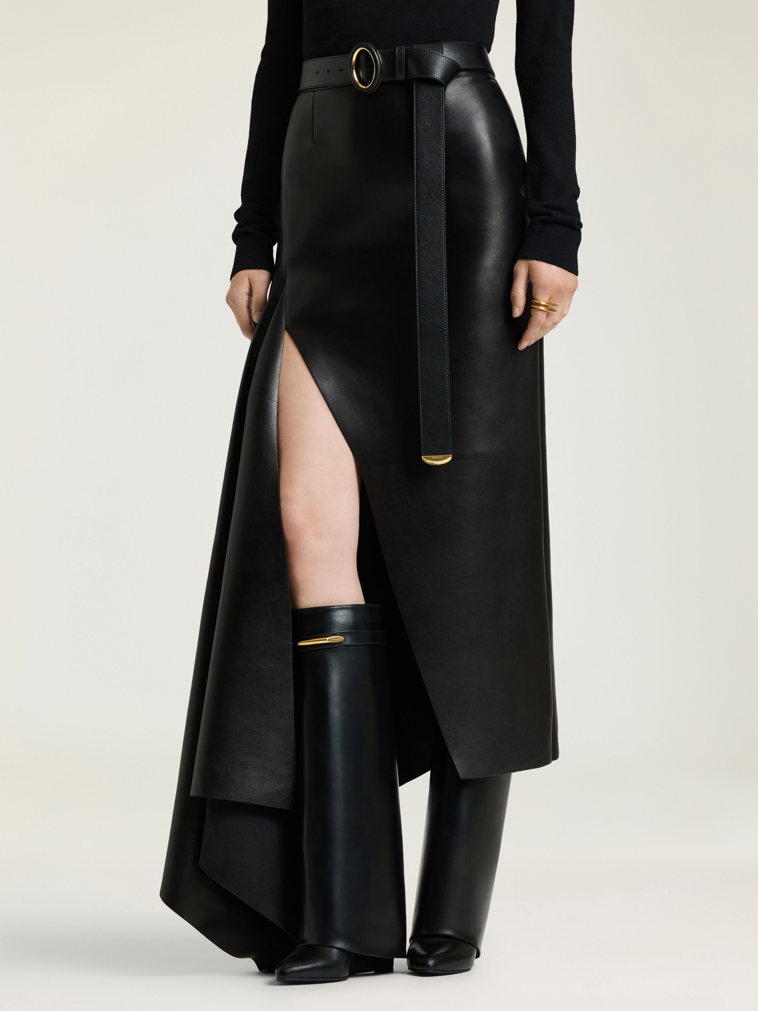 Slashed long skirt in leather in - black - BW414J61ZX-001