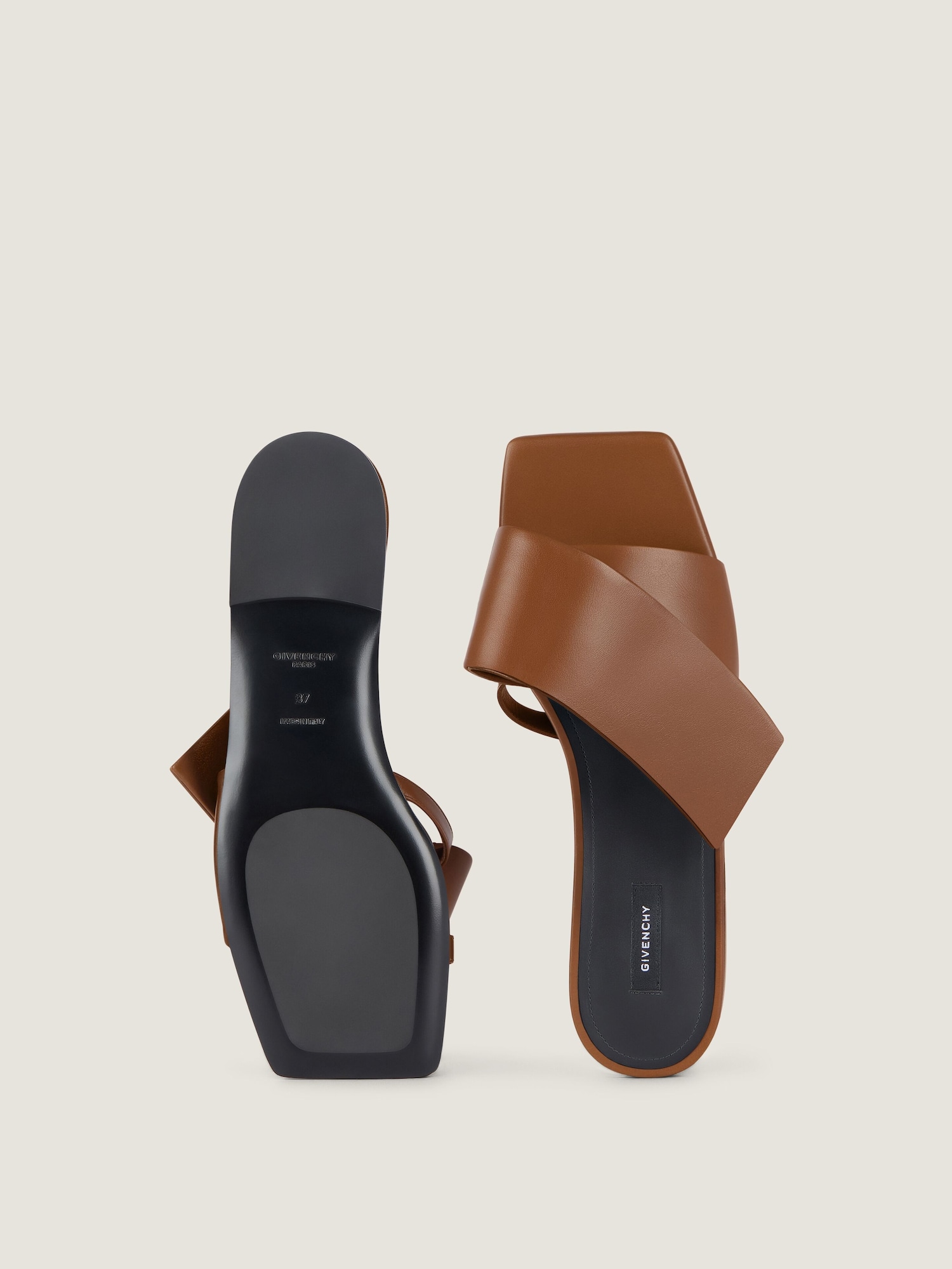 Sliced Square flat sandals in leather in - tan - BE30AHE1J7-913 