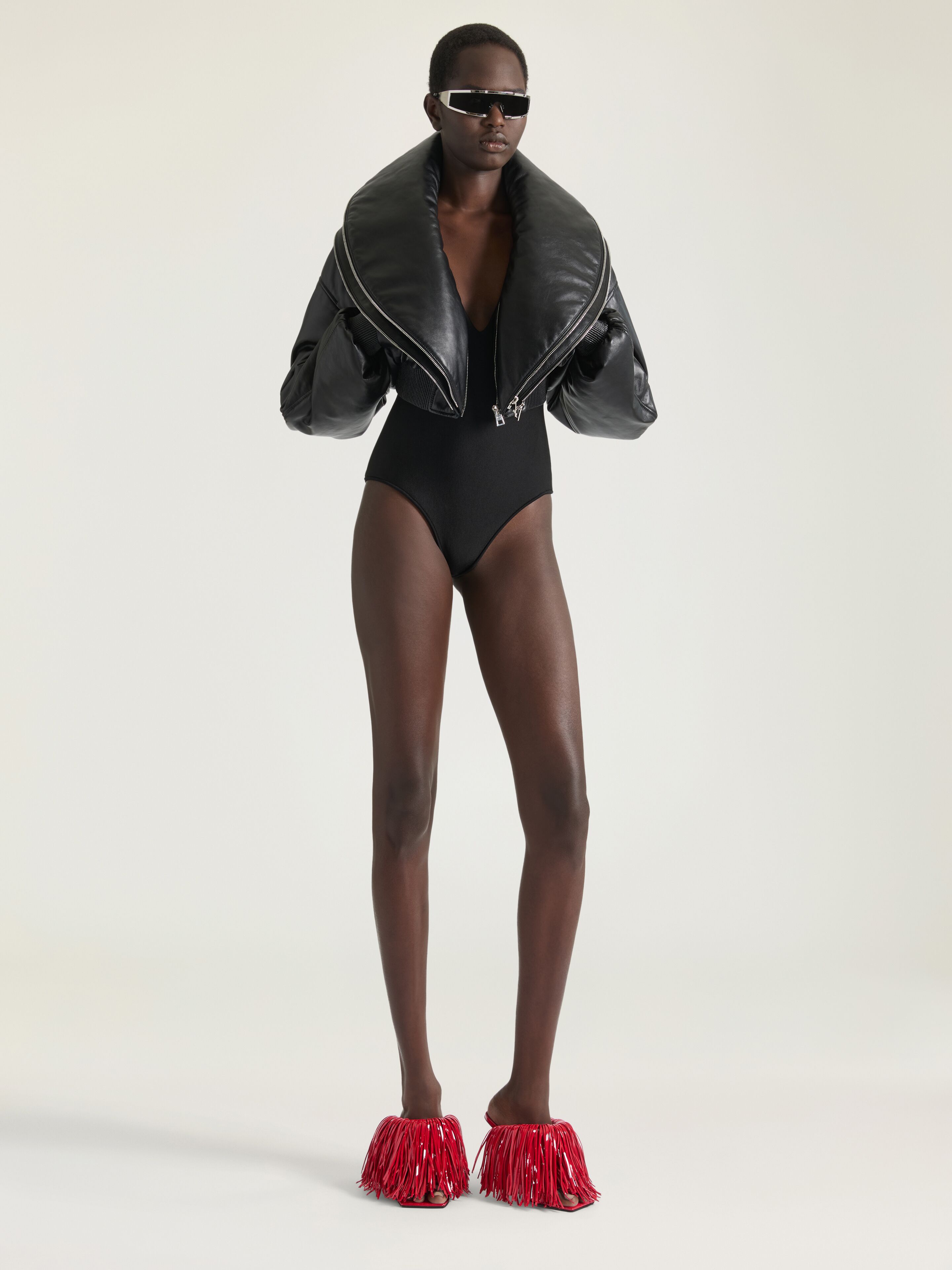 Cropped bomber with zipped shawl collar in leather in - black