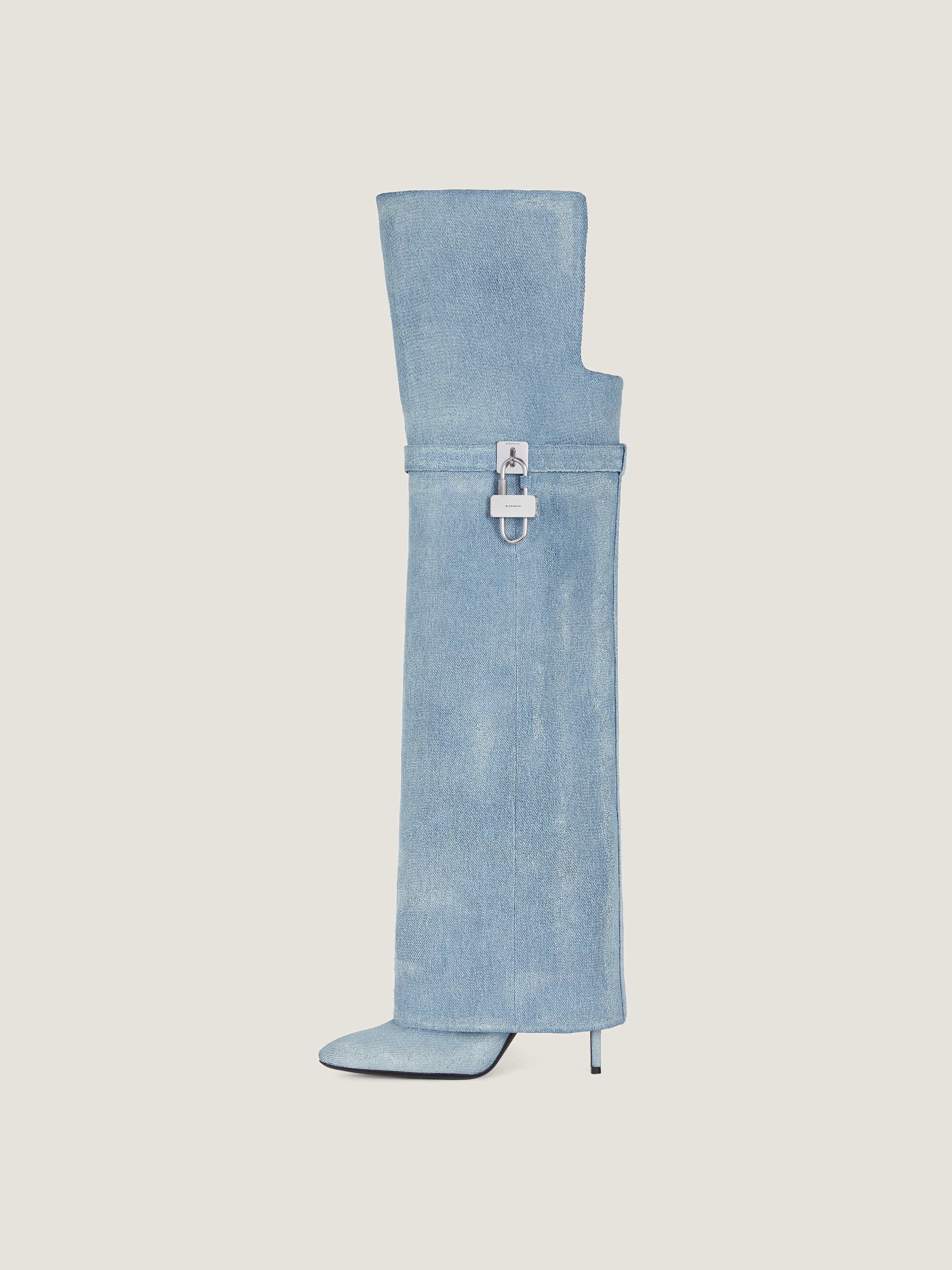 Shark Lock Stiletto over-the-knee boots in washed denim in
