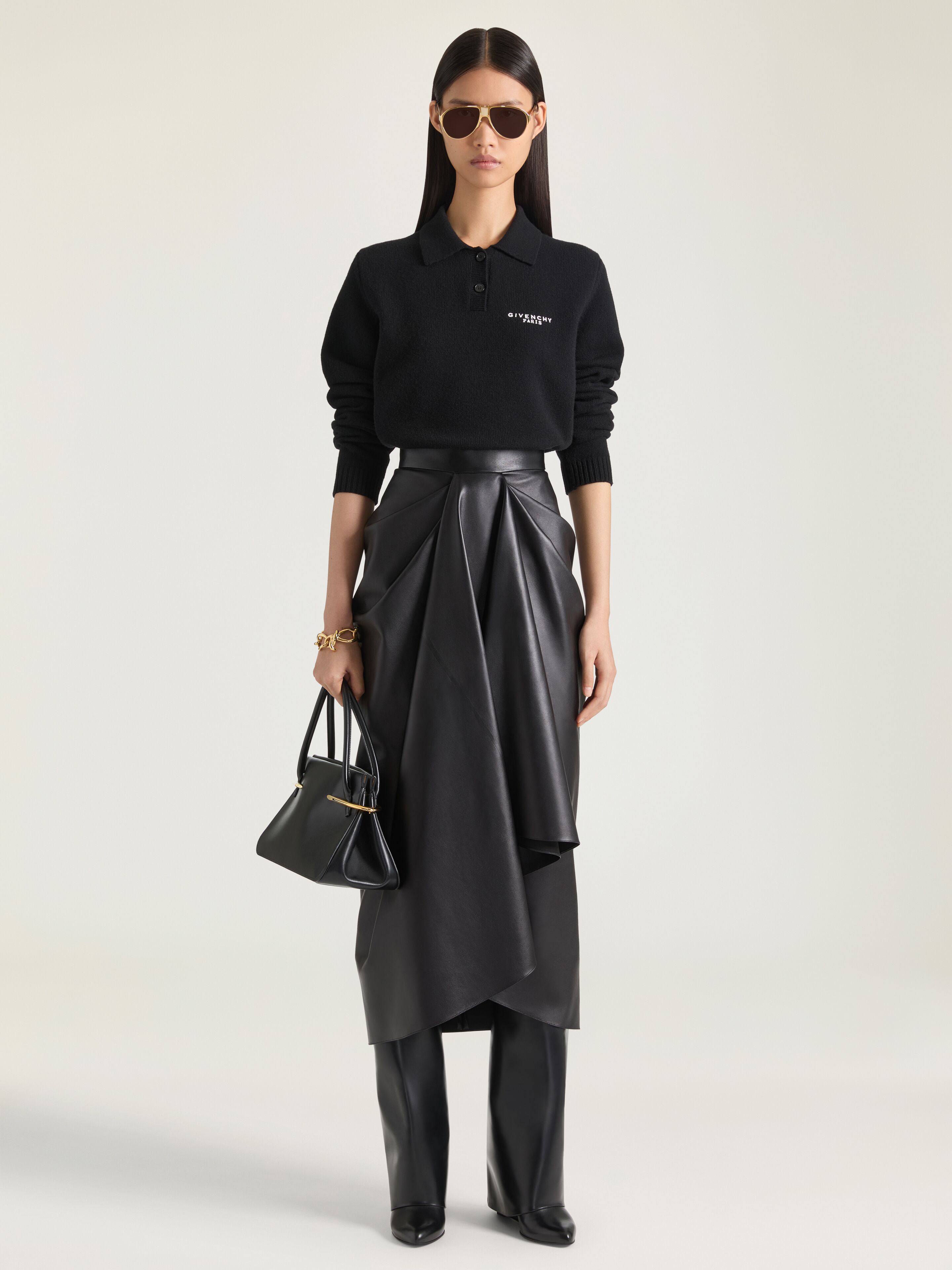 Draped midi skirt in nappa leather in - black - BW411061UJ-001