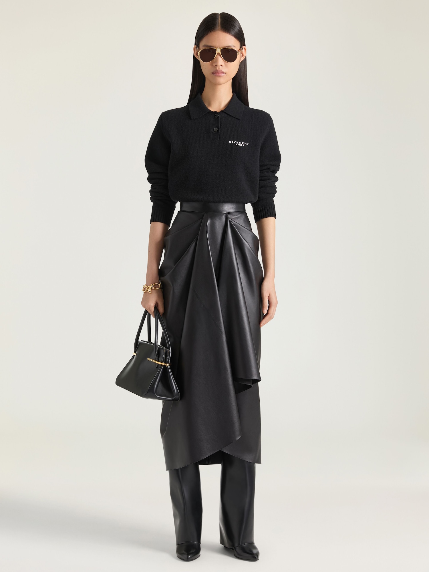 Draped midi skirt in nappa leather