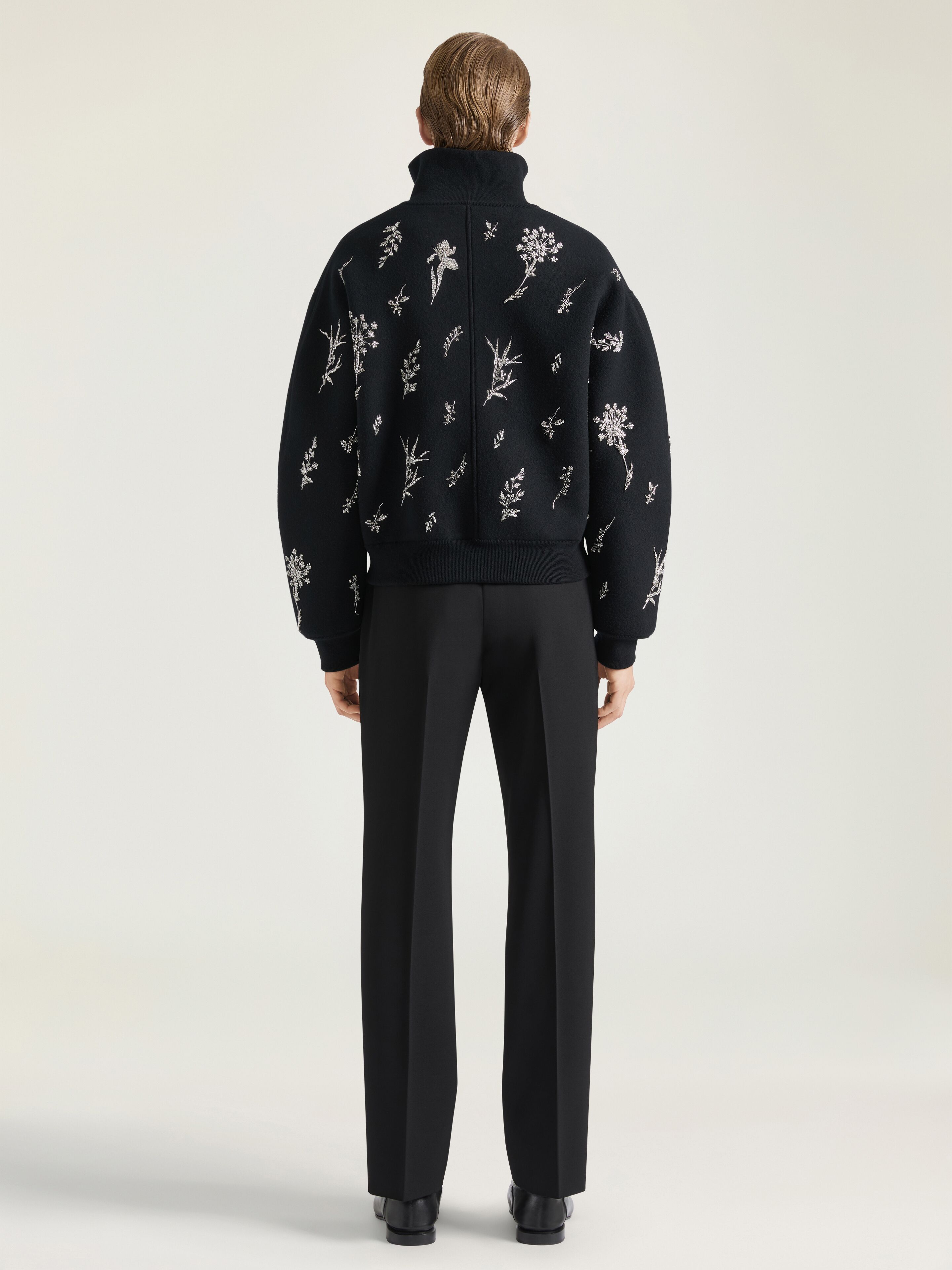 Cocoon bomber in wool knit with crystal embroidery in - black