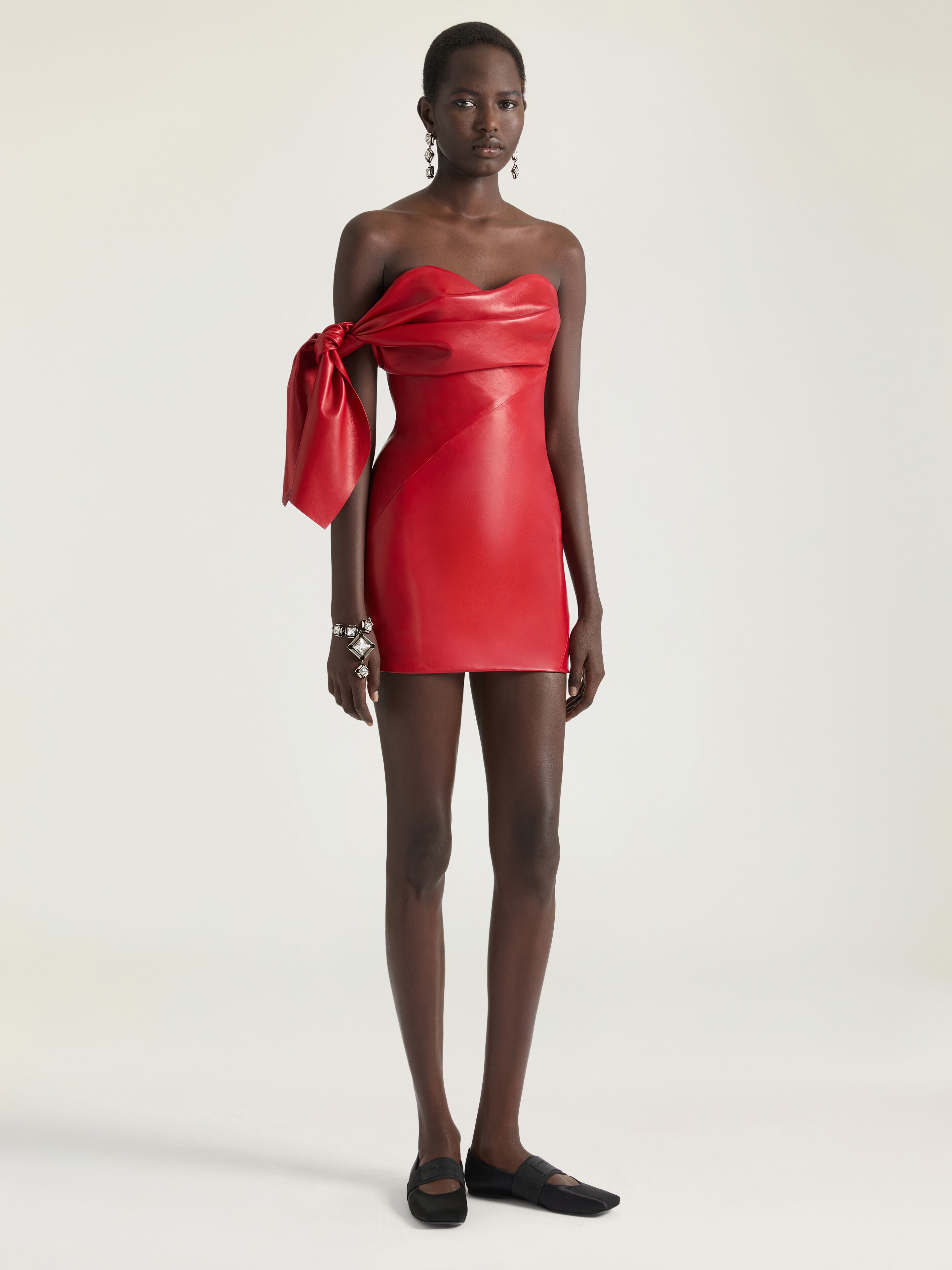 Mini bustier dress in nappa leather with bow in - poppy red
