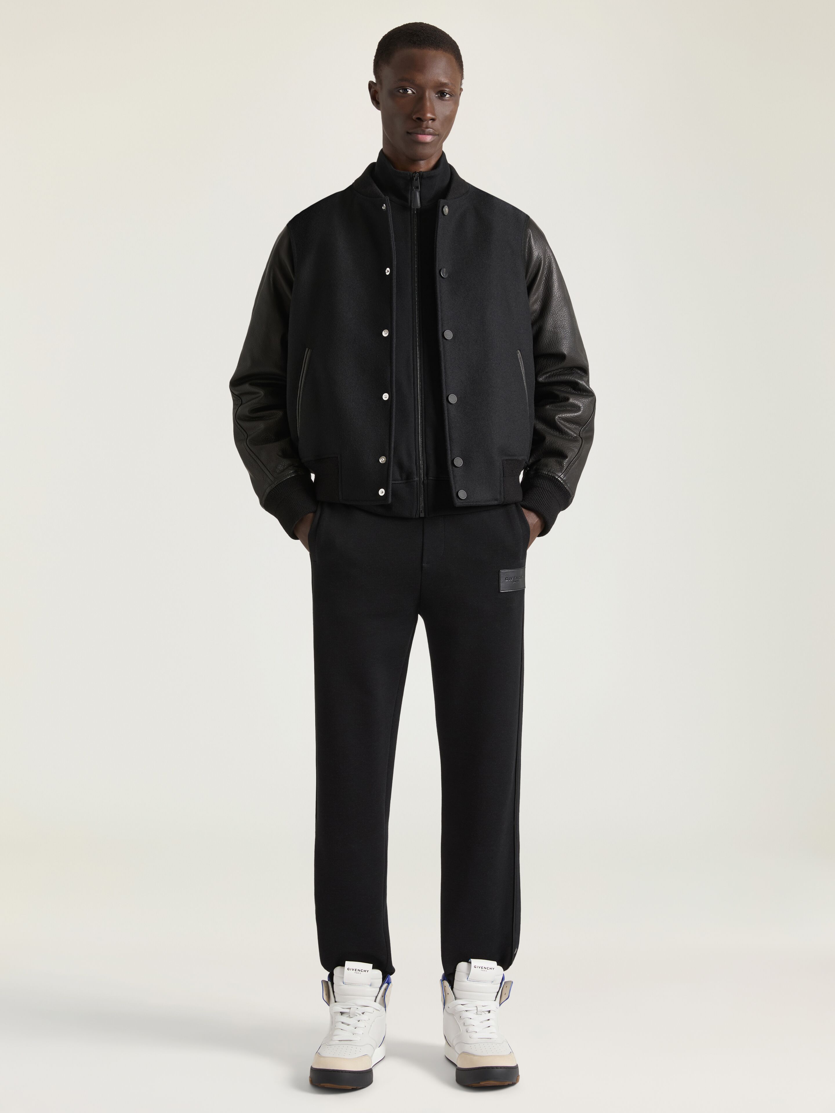 Mix material blouson with Givenchy Paris embroidery in - black