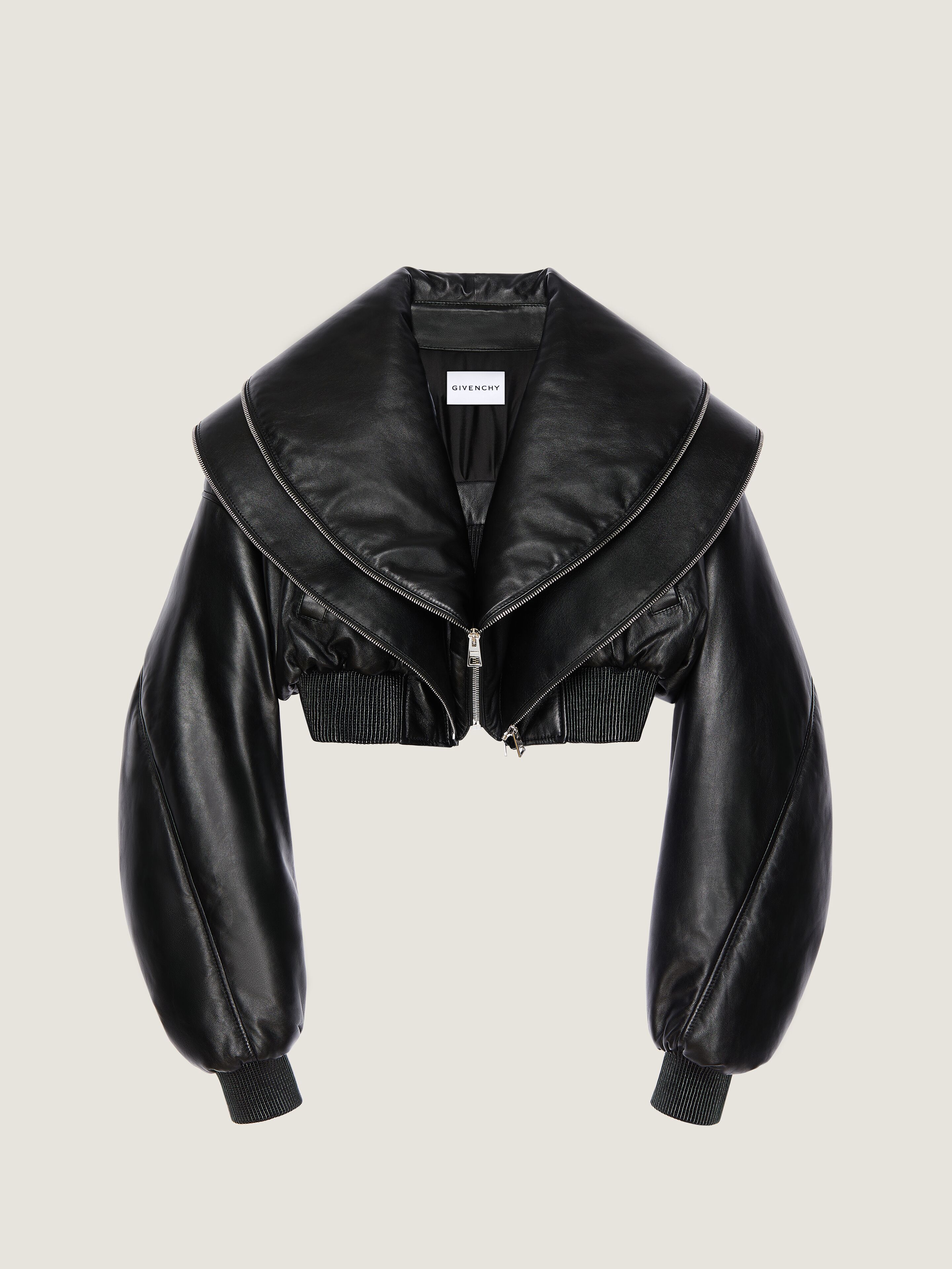 Givenchy Cropped Bomber With Zipped Shawl Collar In Leather In Black