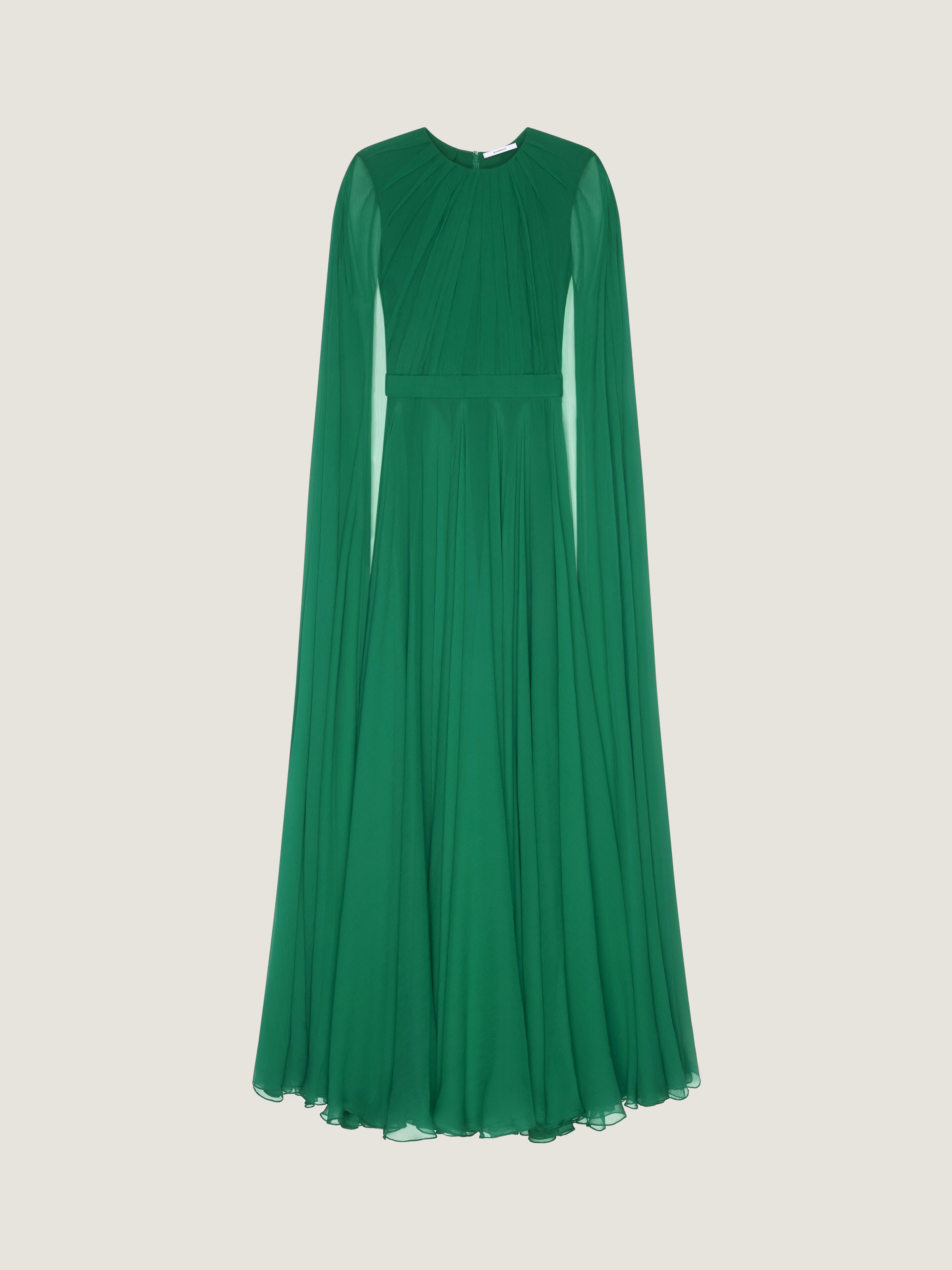 Evening dress in silk crepon with cape - emerald green in