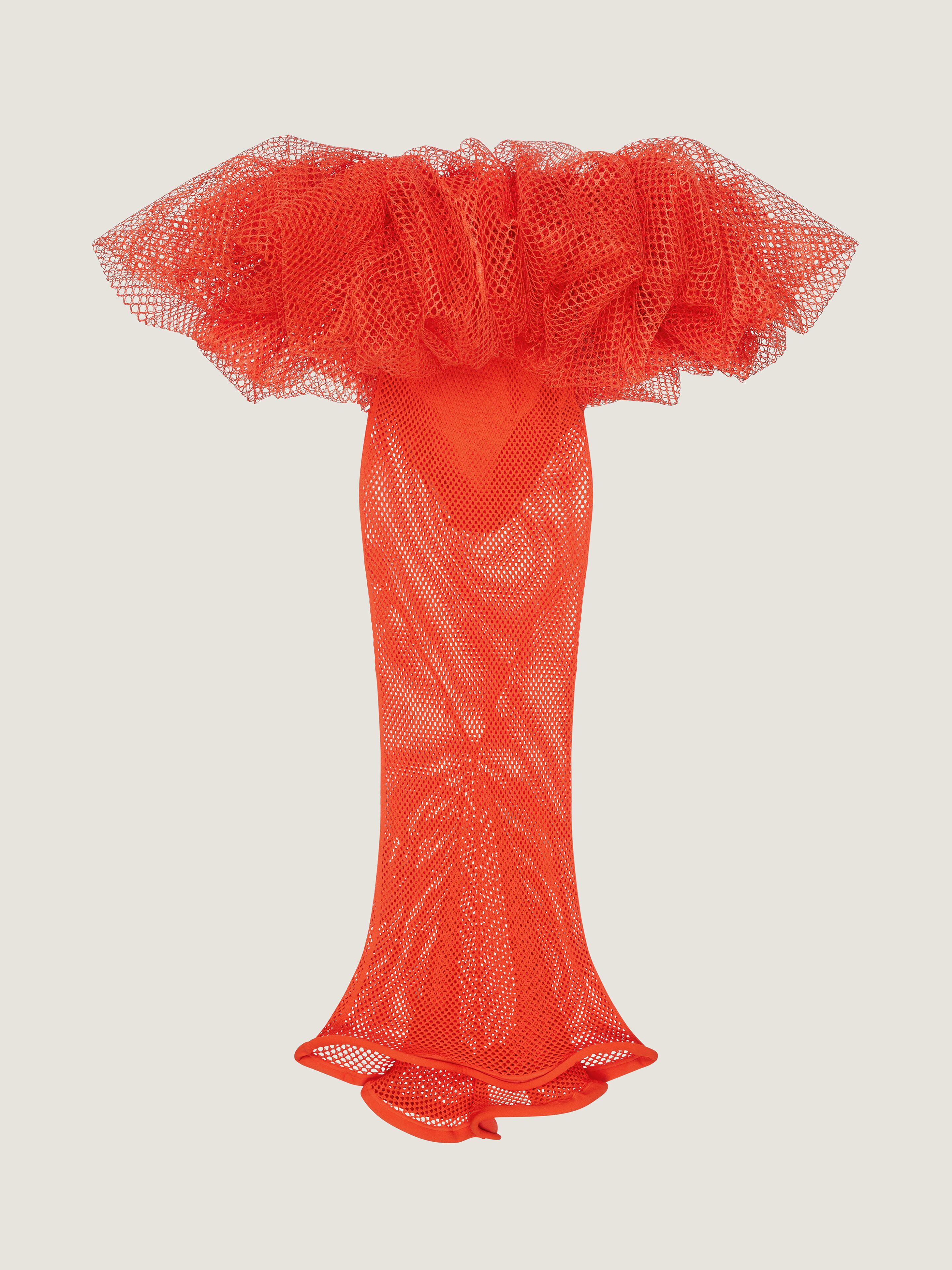Givenchy Long Ruffled Dress In Mesh In Orange