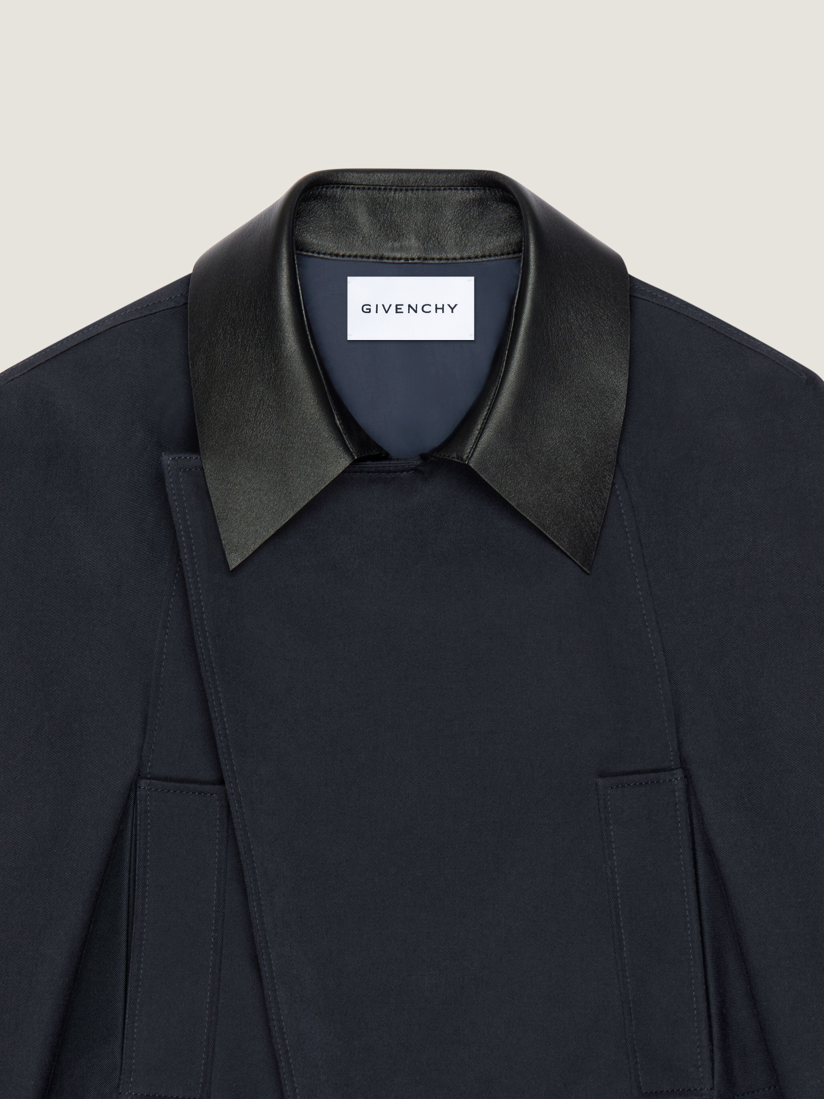 Cropped peacoat with leather collar in cotton and wool in - dark