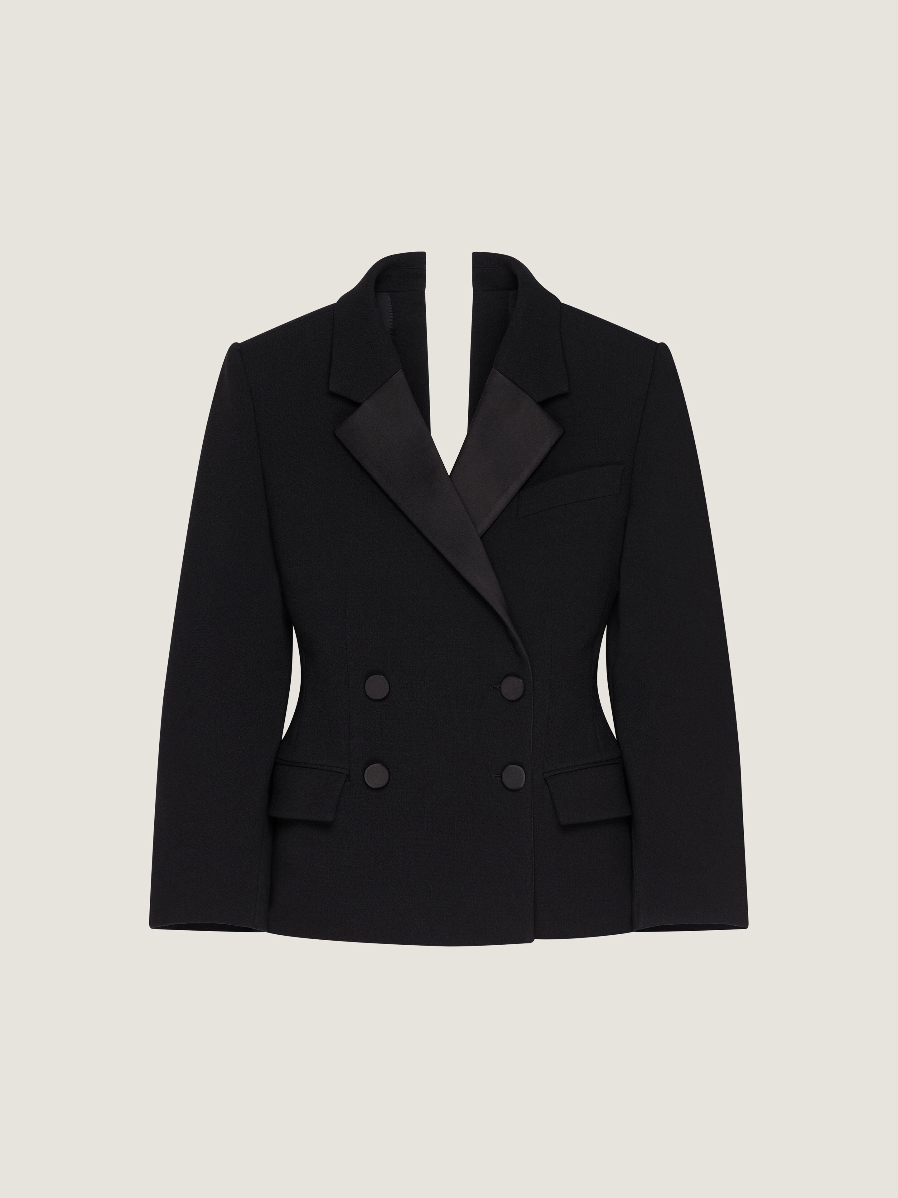 Double breasted slashed tuxedo jacket in wool in - black