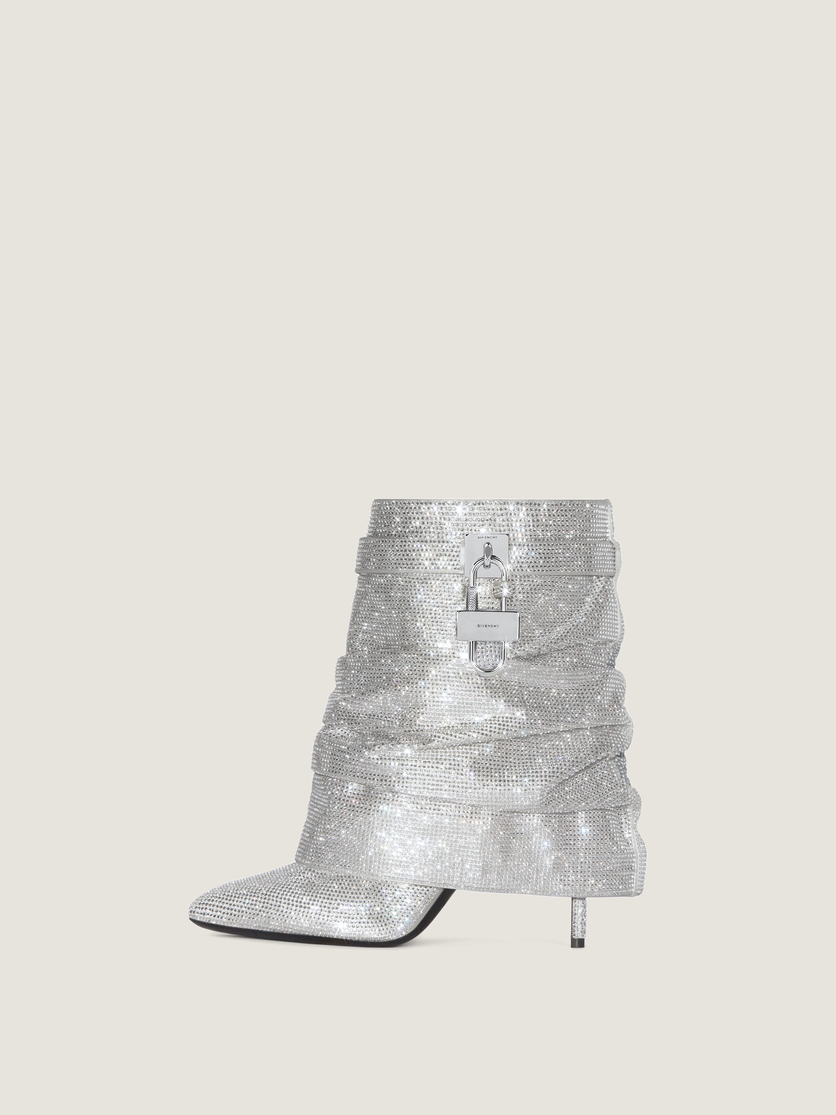 Shark Lock Stiletto ankle boots in satin with strass in