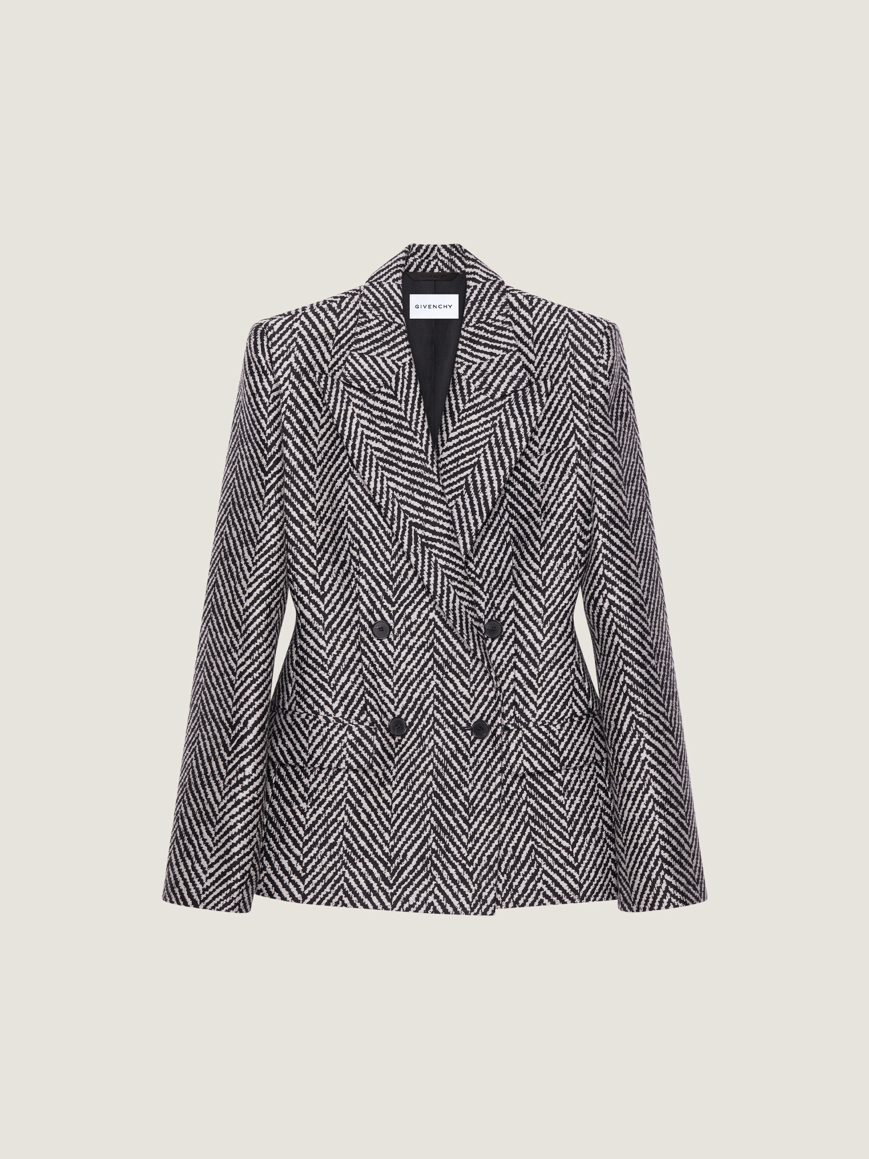Double-breasted jacket in wool and silk herringbone