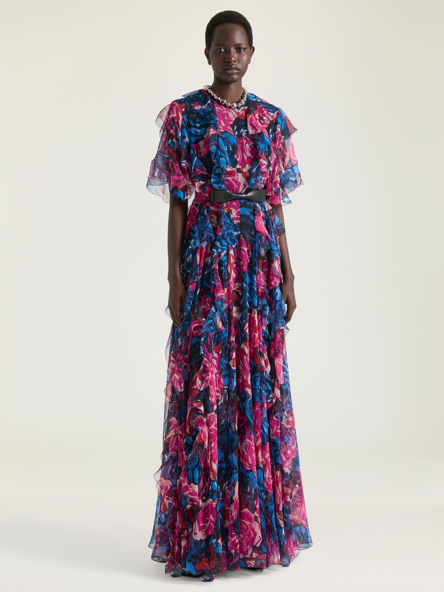chiffon over dress Gown in ombr silk chiffon with a deep v-neckline and draped bodice.,  Discover the full collection through the link in bio., #ChakraCoutureFW24  #ChakraCouture #GeorgesChakra