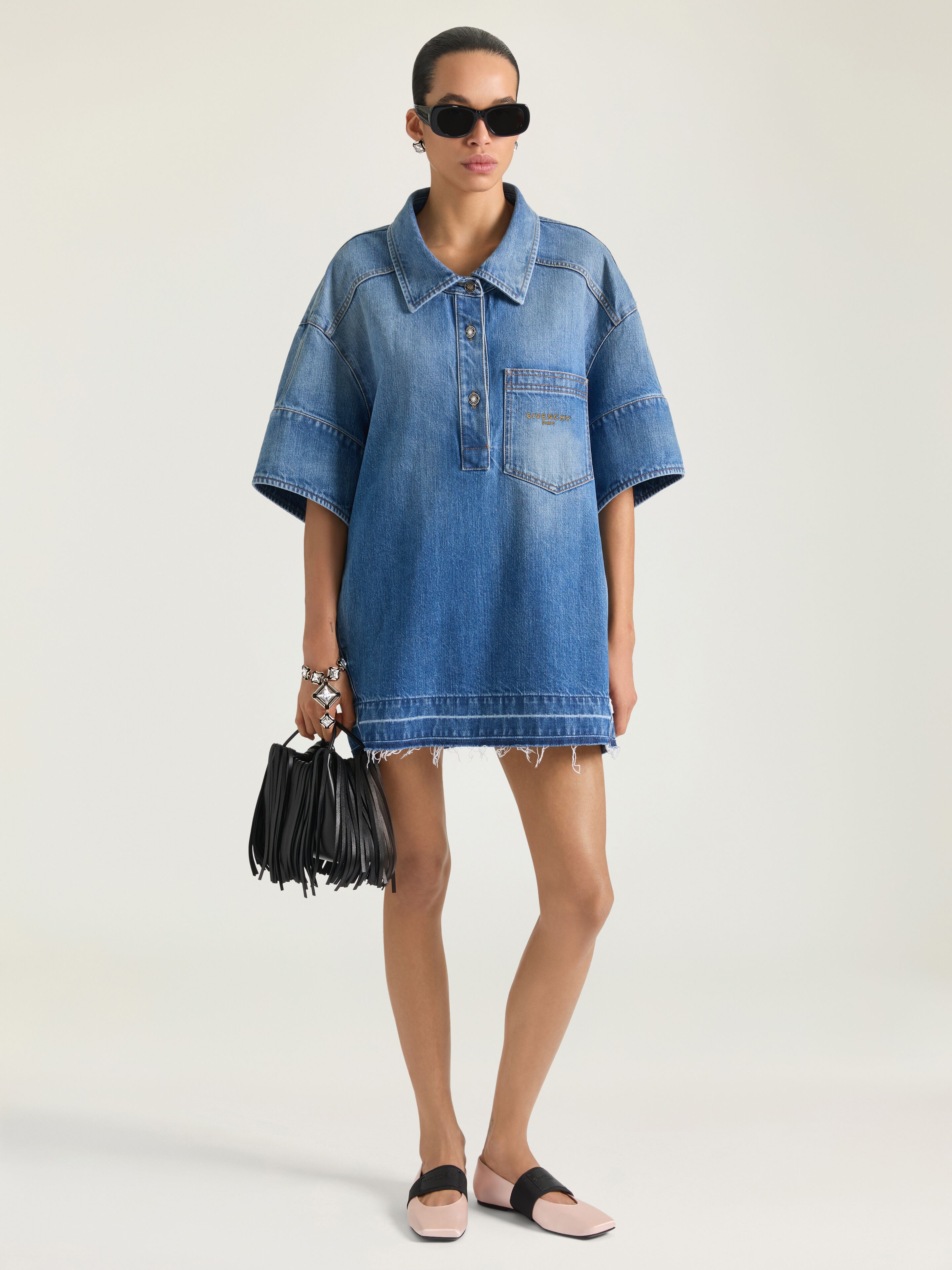 Short Cocoon shirt dress in medium blue denim in - medium blue