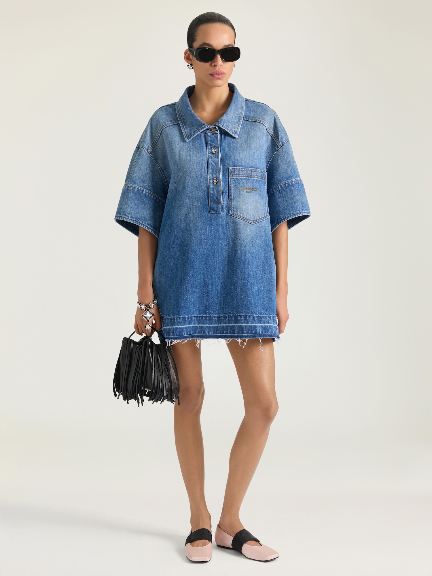 givenchy denim dress Wearing denim, carrying confidence. Featuring the Givenchy denim dress with  belt, the Givenchy Mini Antigona Vanity Bag, and Saint Laurent sunglasses &  earrings. #givenchy #saintlaurent #heavenbudapest