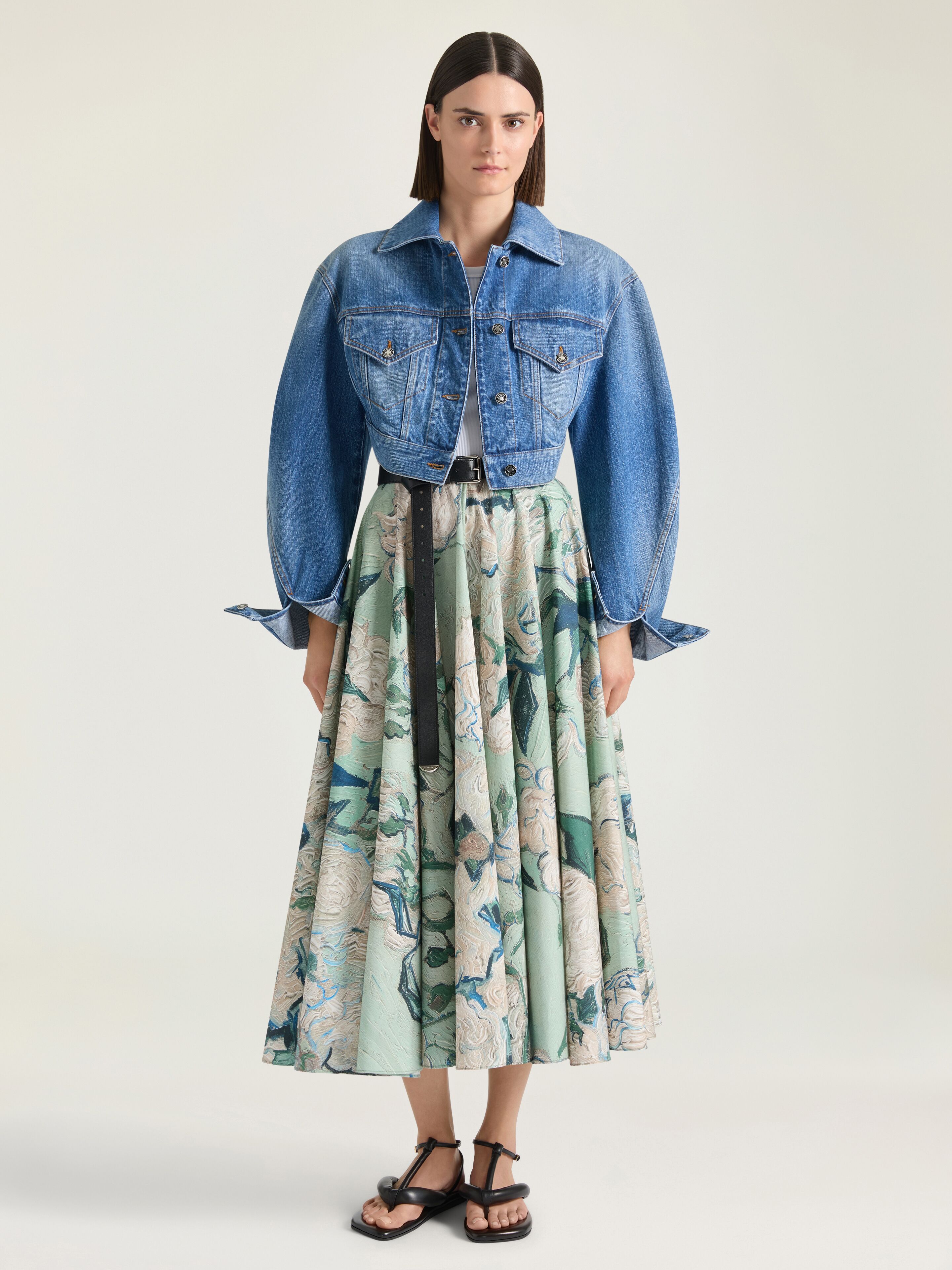 Cropped opened back jacket in medium blue denim in - medium blue