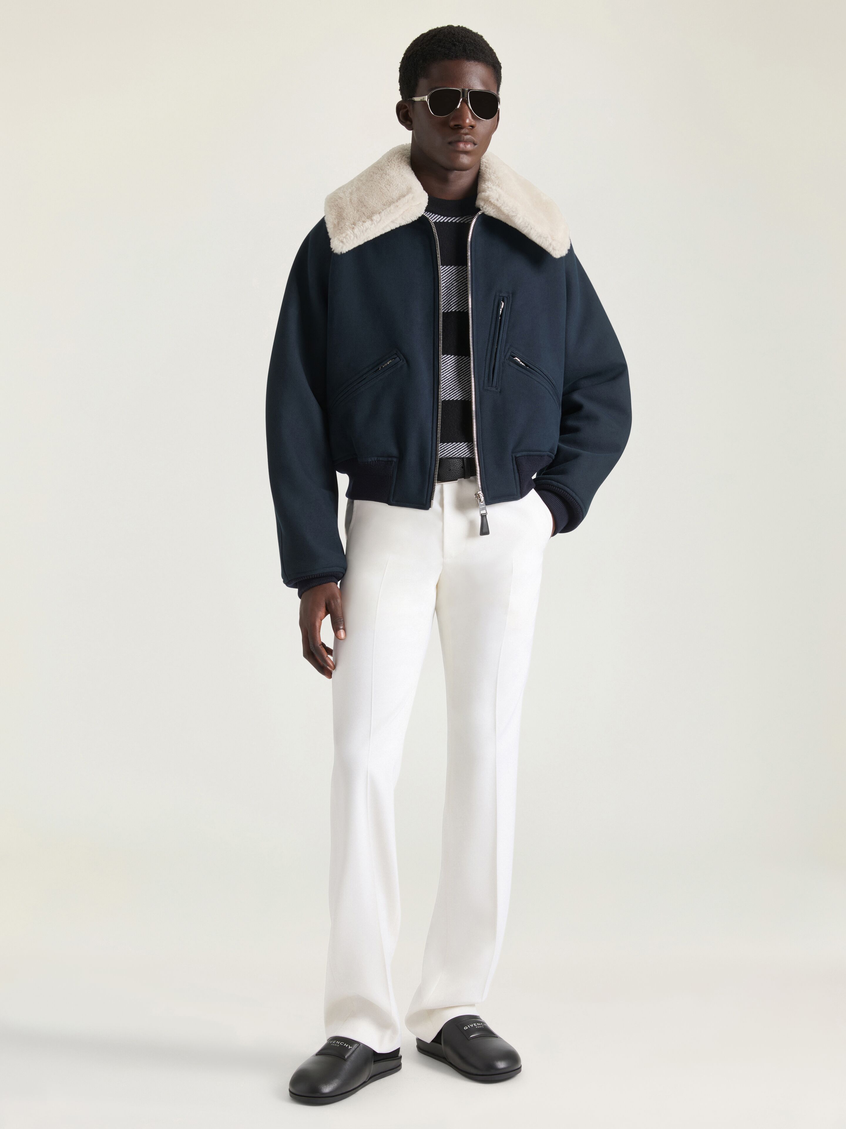 Bomber in cotton with shearling collar in - dark navy - BM01ES16AV
