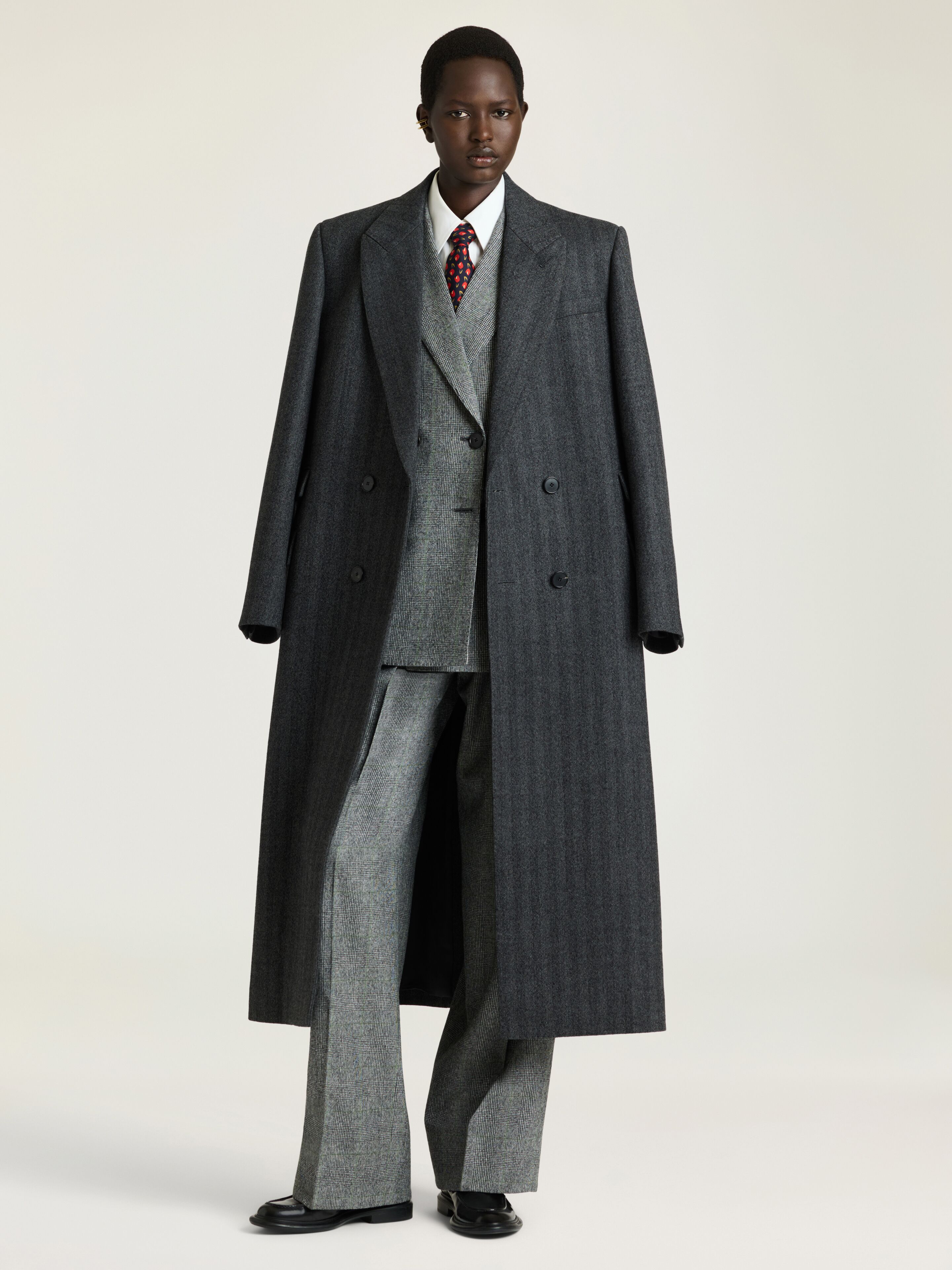 Long tailored coat in herringbone wool in - grey mix - BWC0GK16ZS