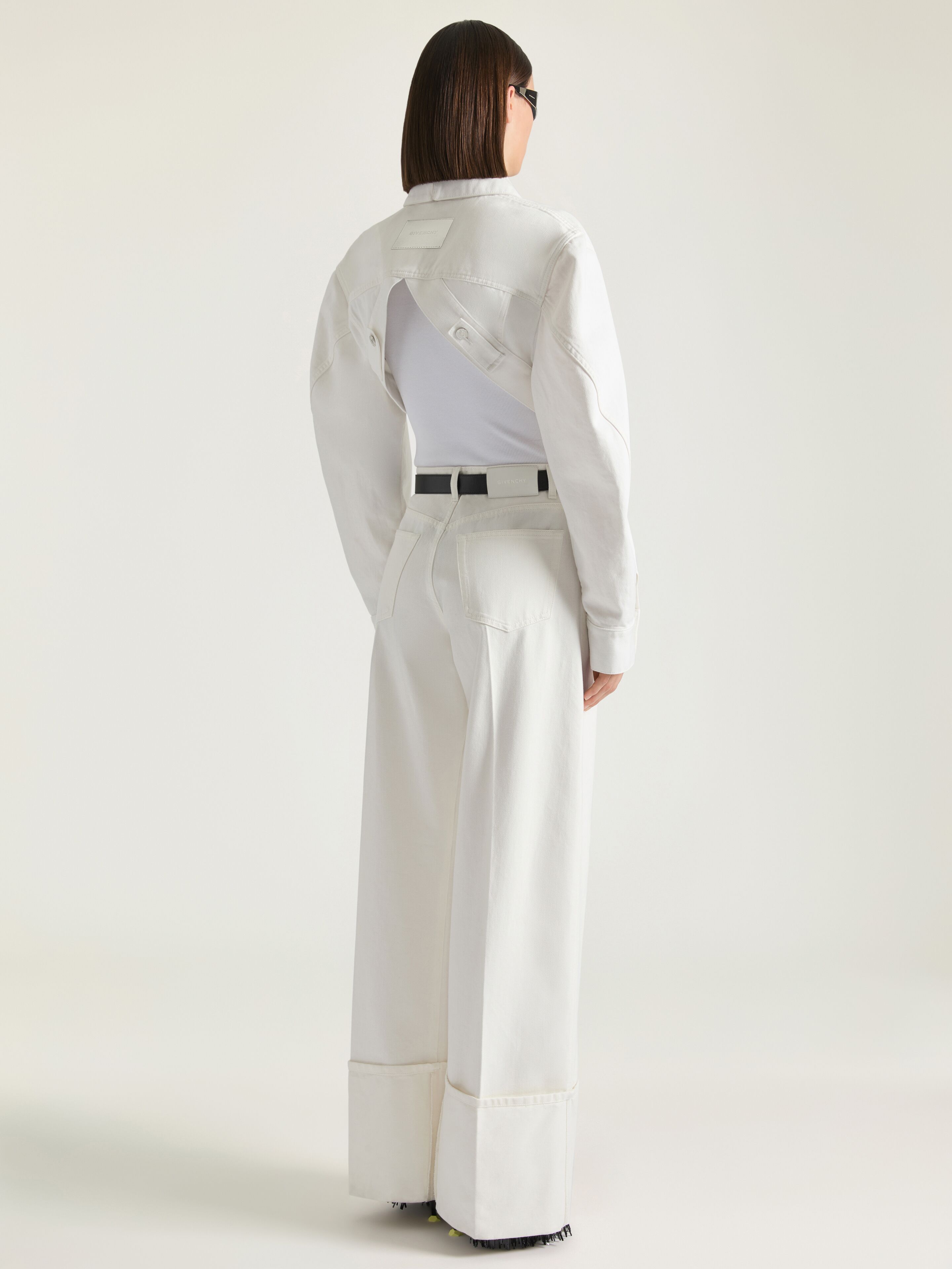 Cropped opened back jacket in white denim in - off white