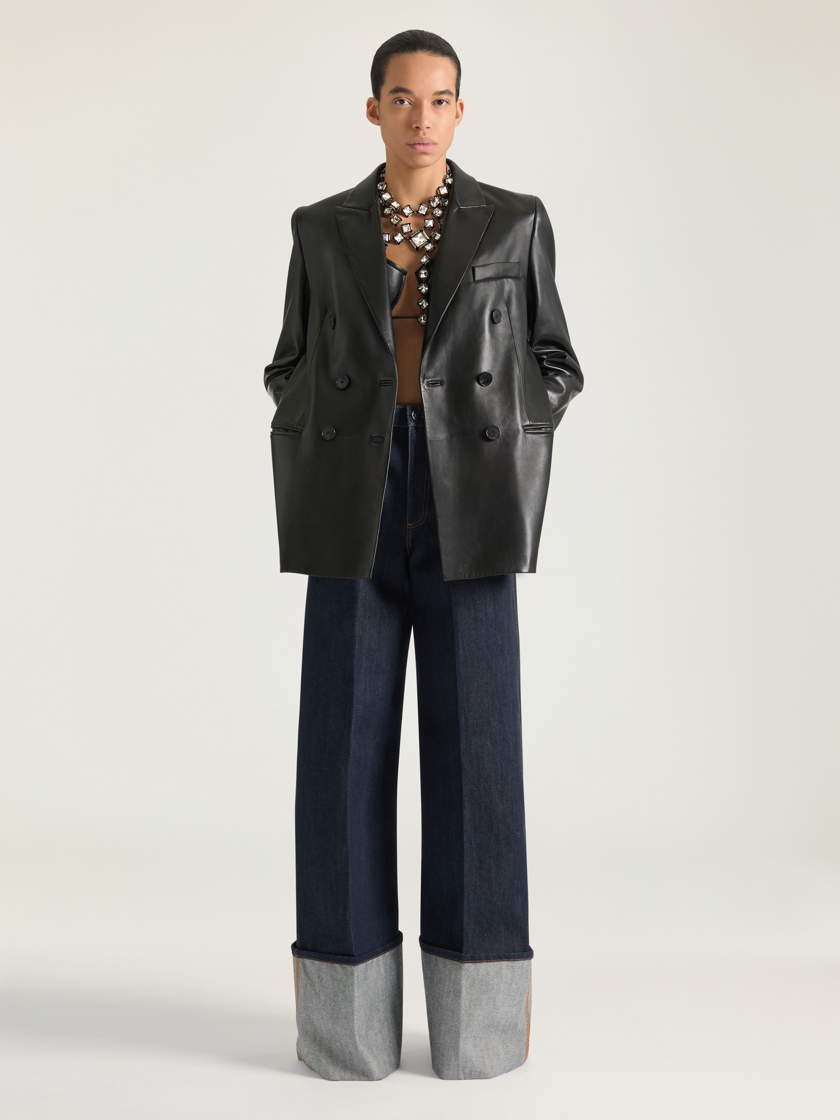 Double-breasted slashed jacket in leather in - black - BW30QN604J