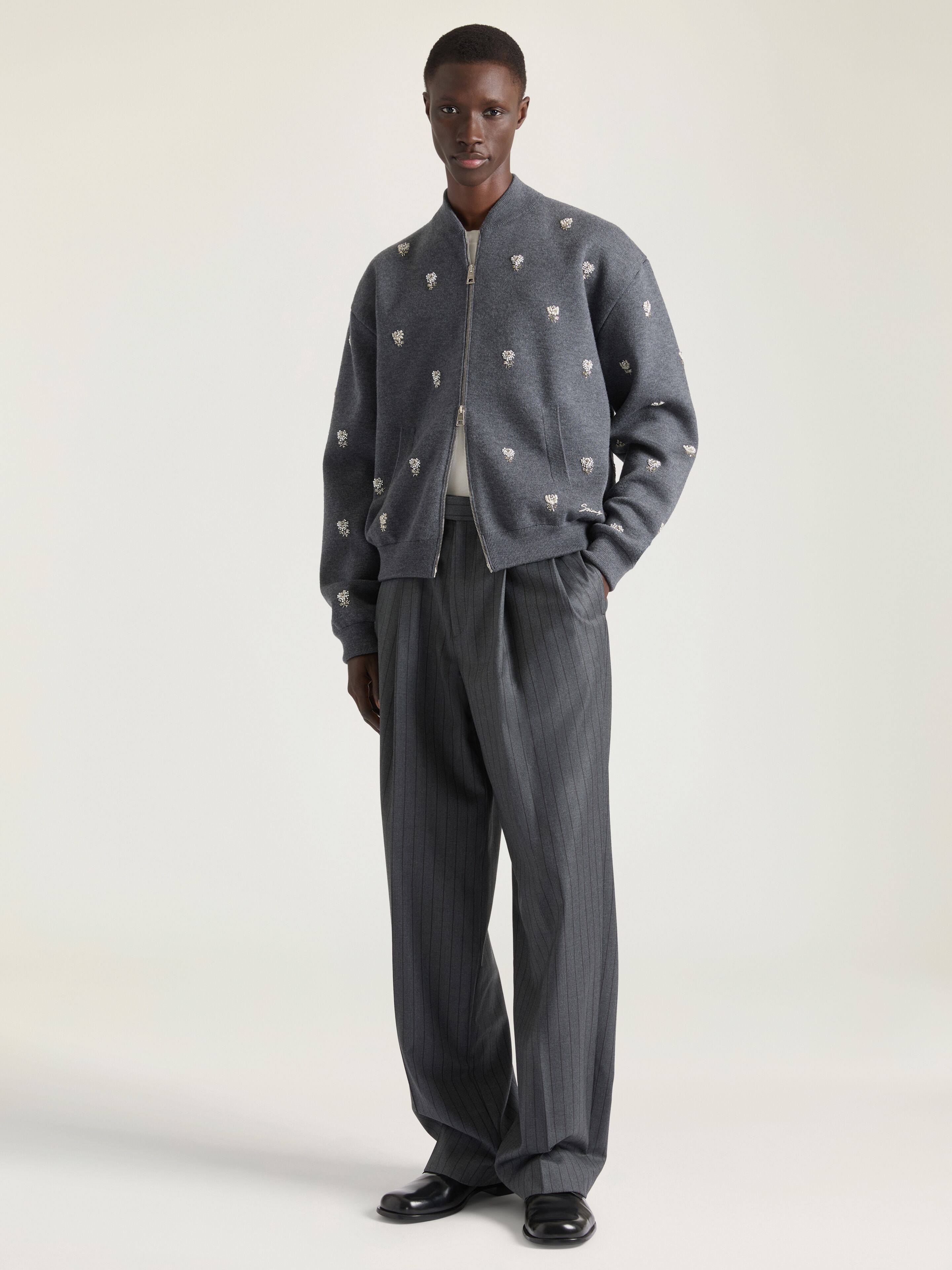 Bomber in wool with pearl embroidery in - grey - BM01J84YRD-020