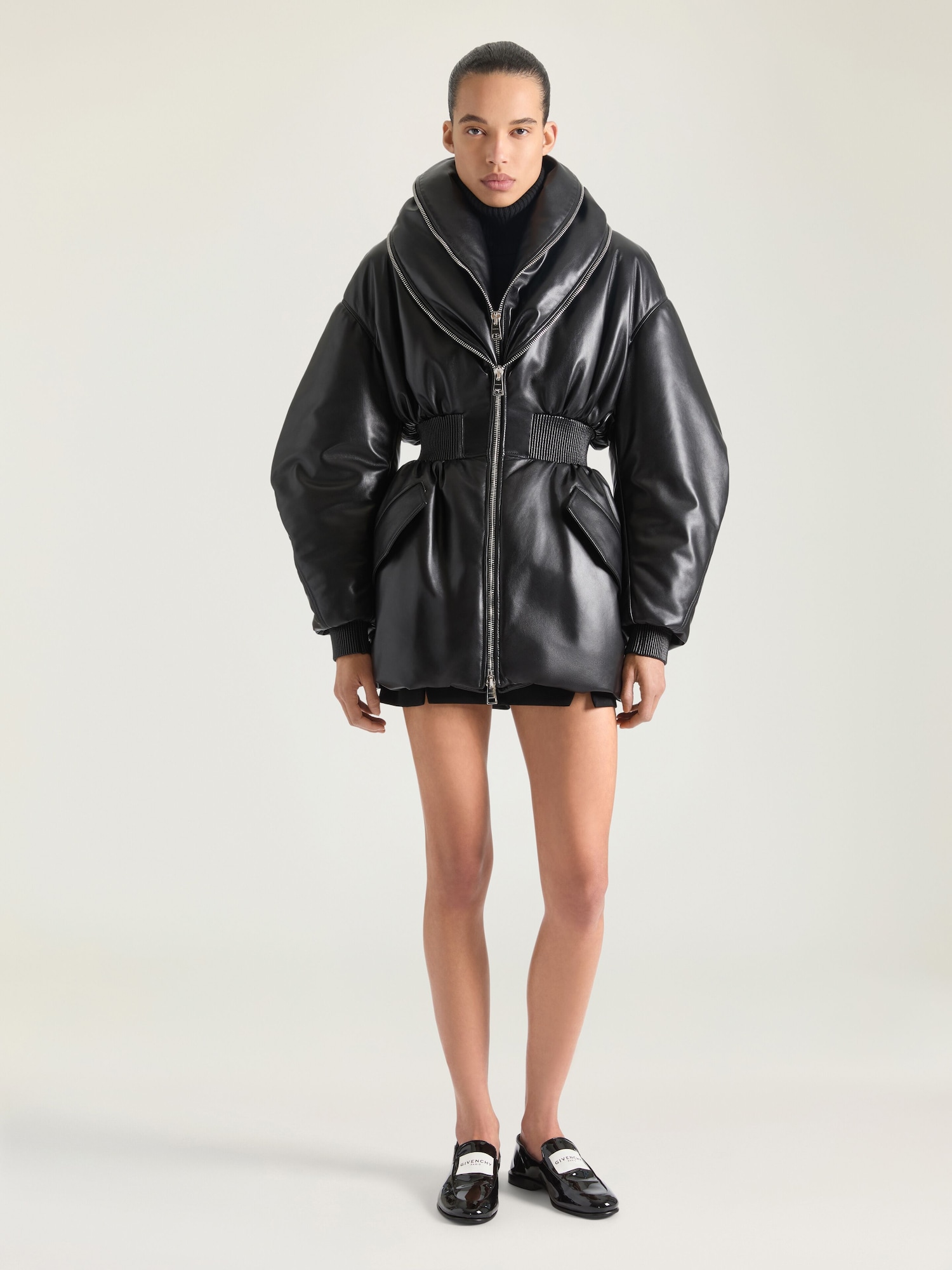 Hourglass bomber with zipped shawl collar in leather