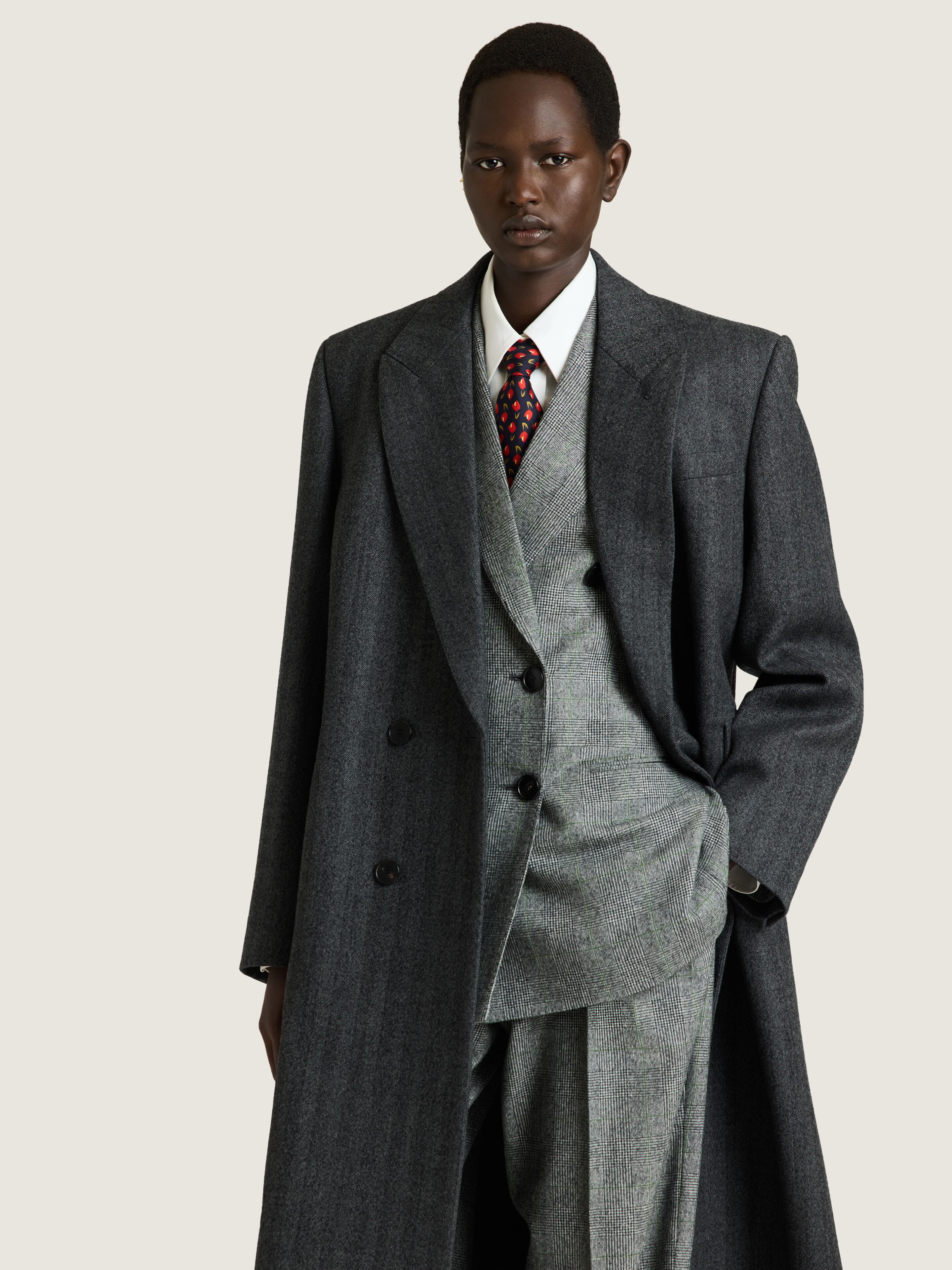 Long tailored coat in herringbone wool in - grey mix - BWC0GK16ZS