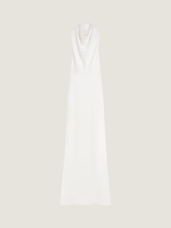 Long draped halterneck dress in satin crepe