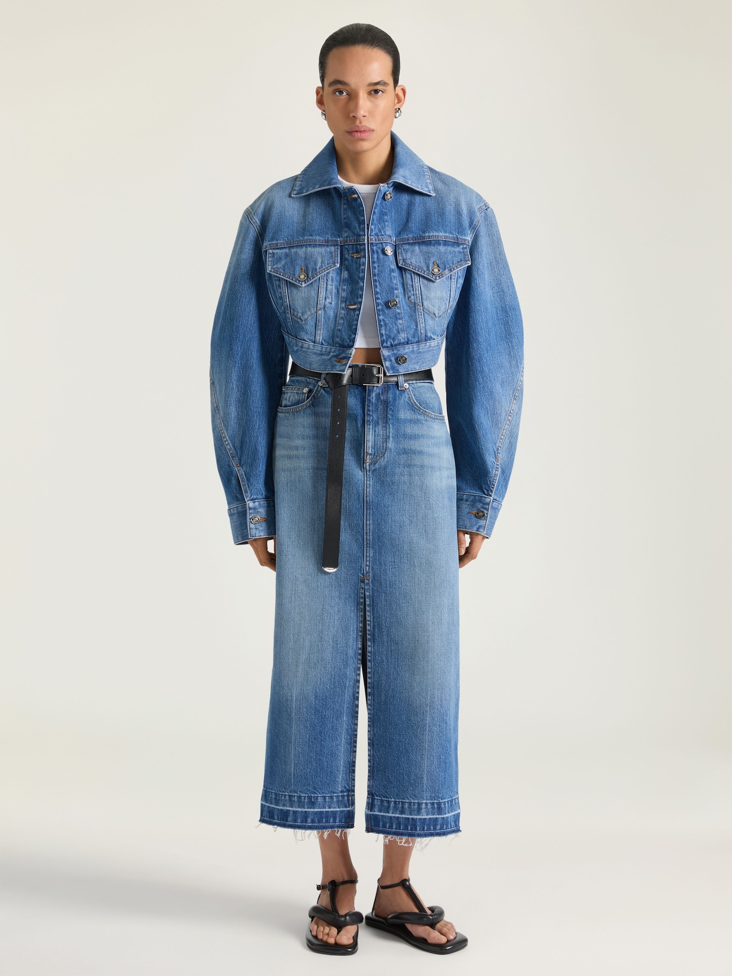 Midi pants skirt in medium blue denim