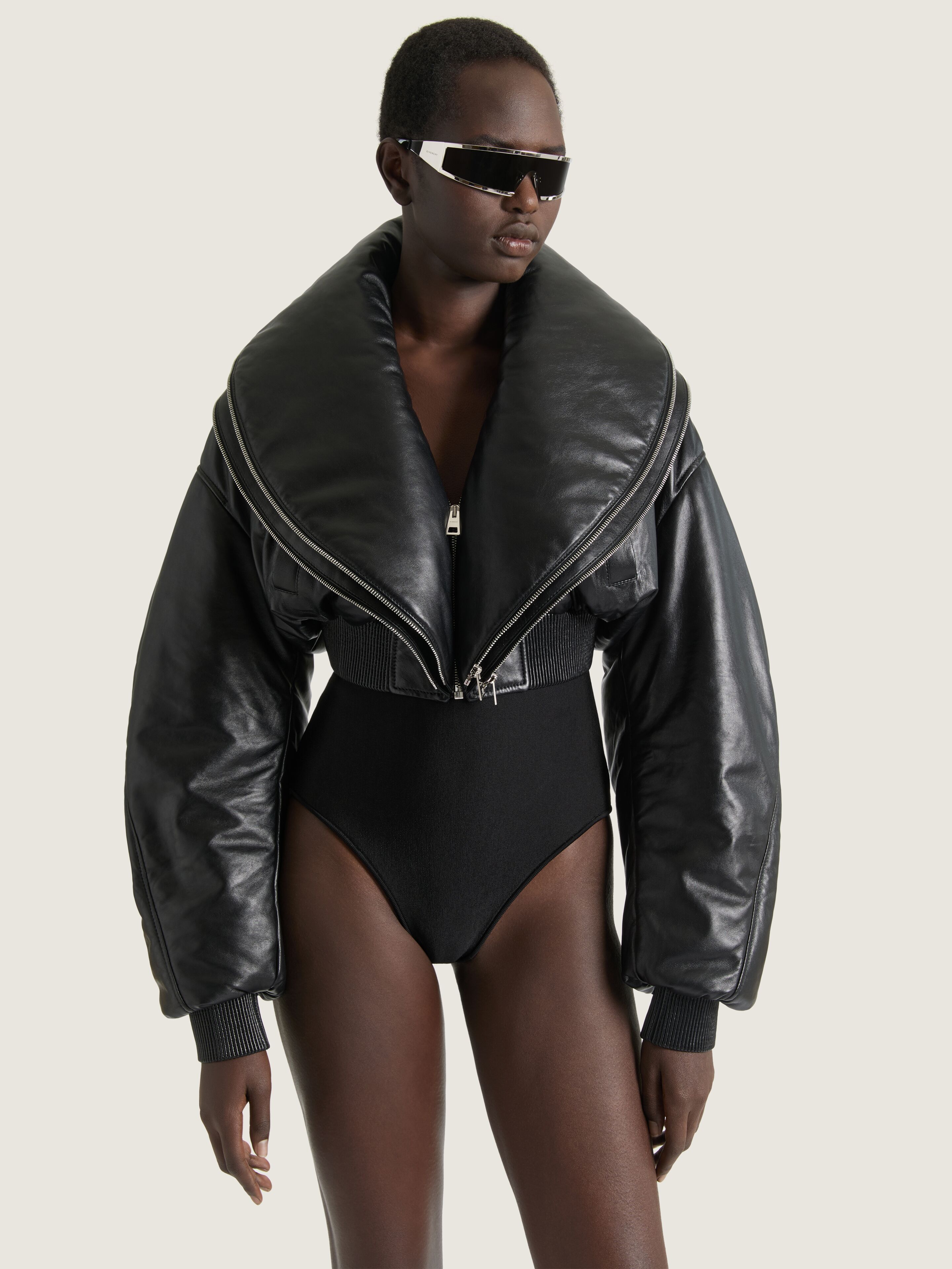 Cropped bomber with zipped shawl collar in leather in - black