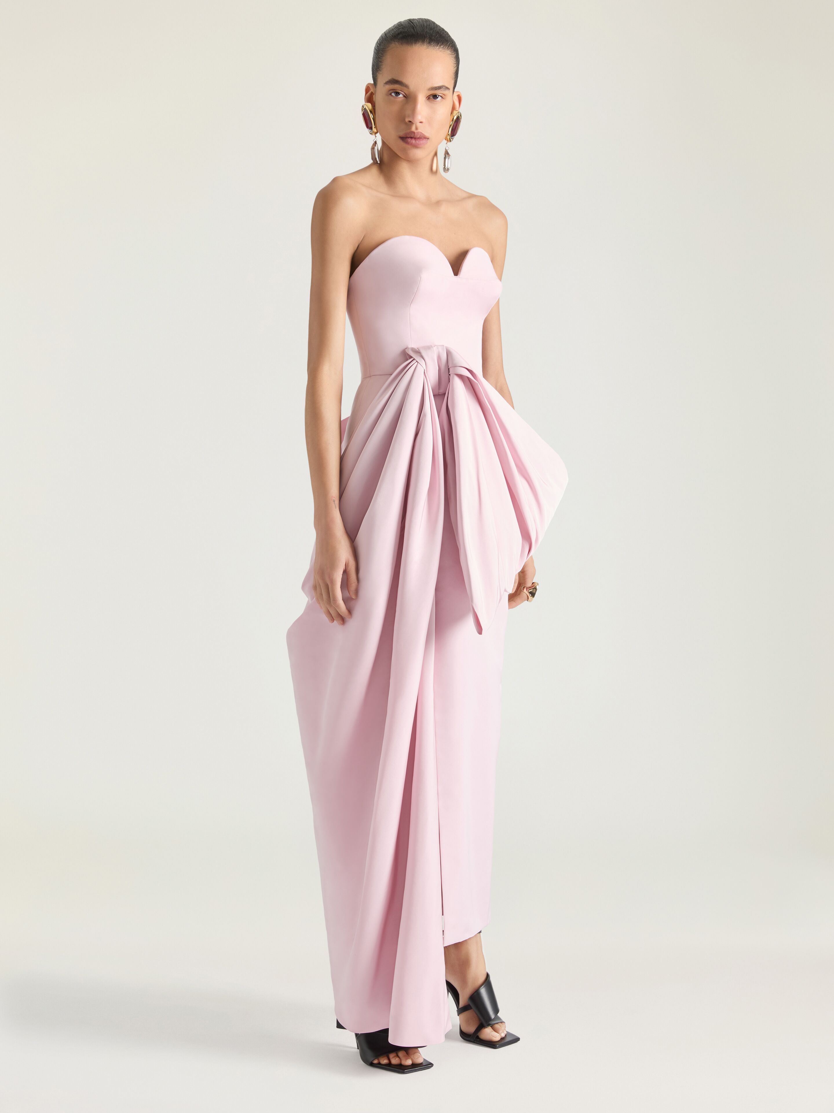 Evening bustier dress in polyfaille with bow detail in - light