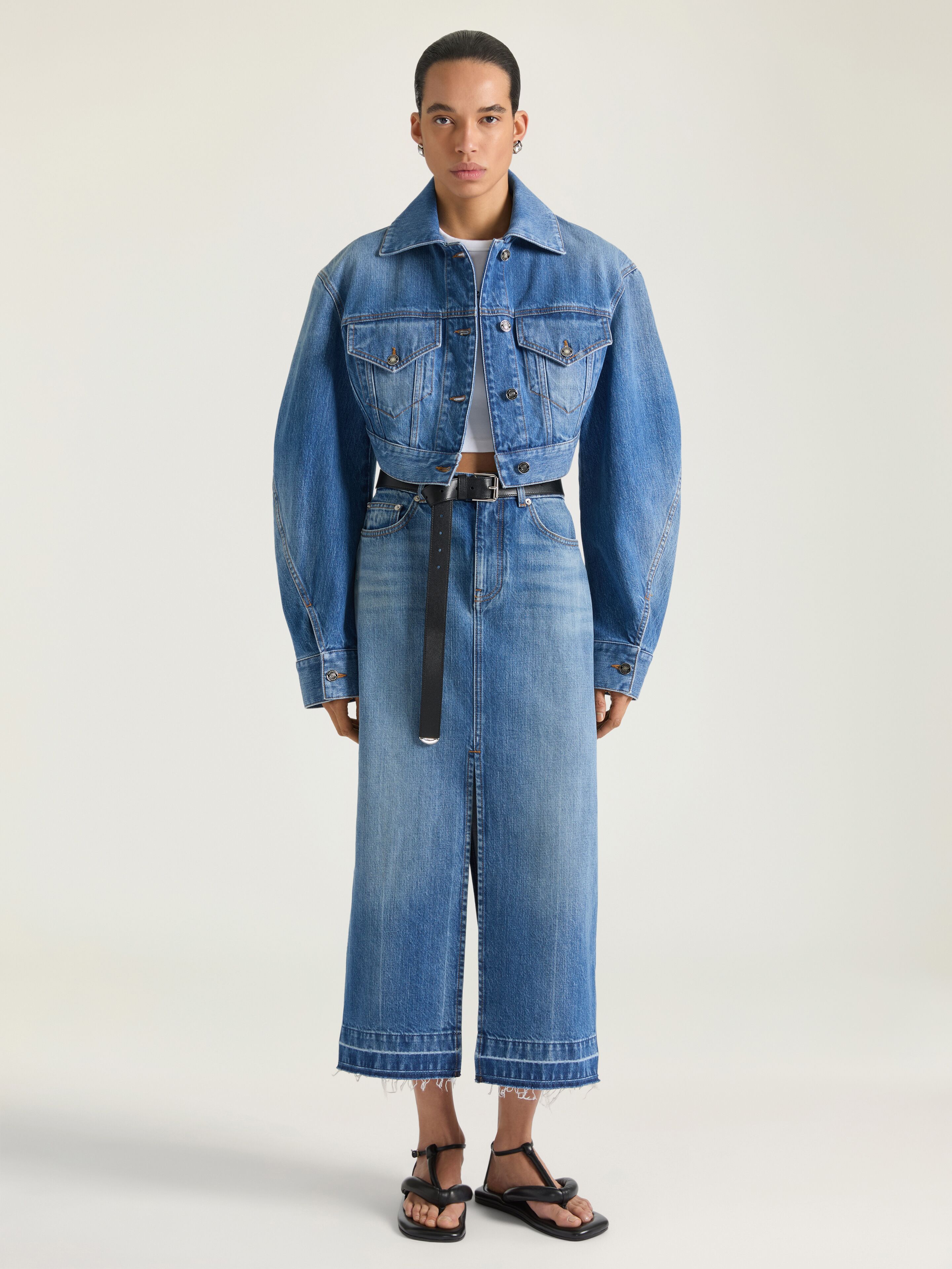 Cropped opened back jacket in medium blue denim in - medium blue