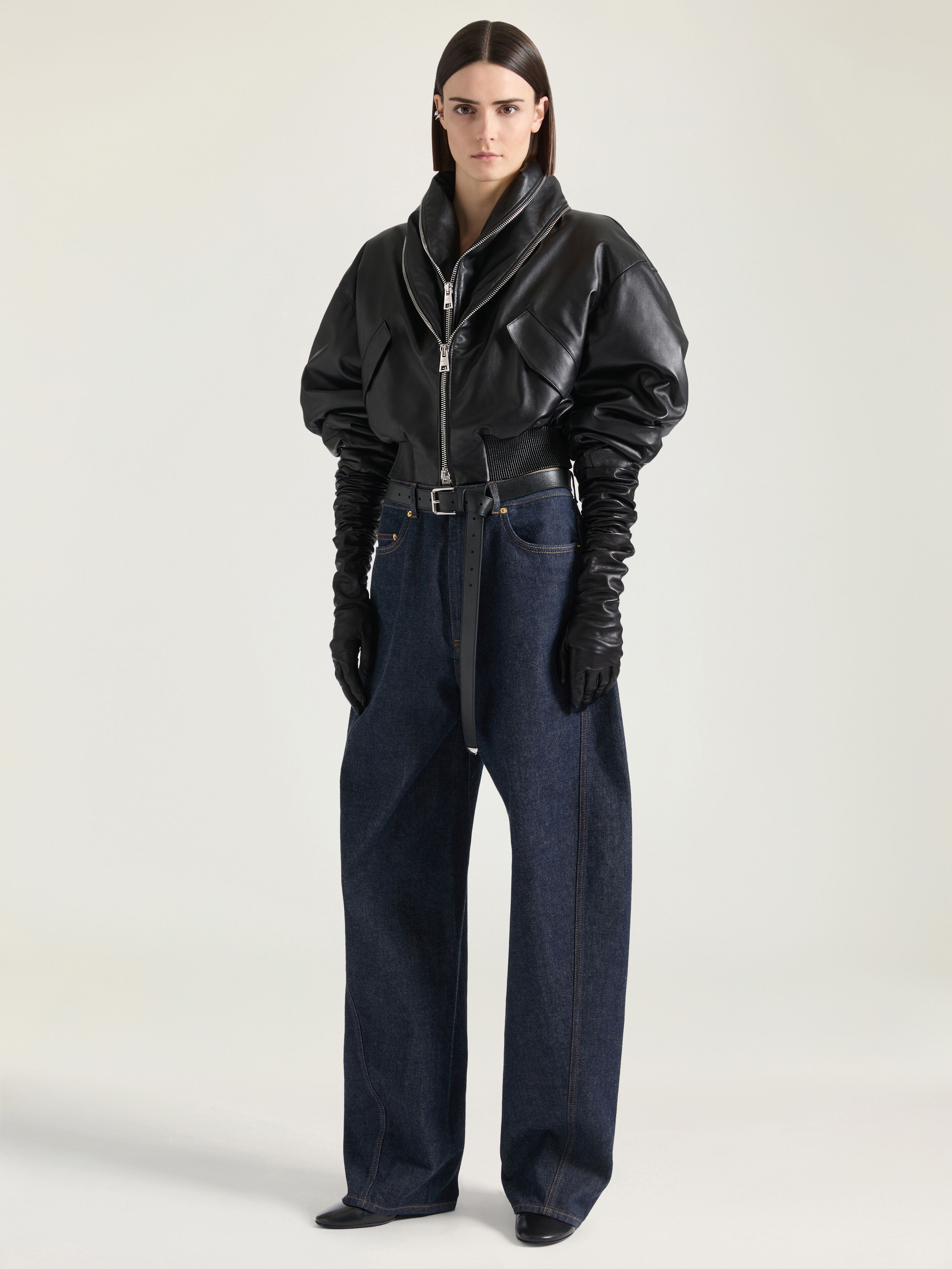 Bomber with zipped shawl collar in nappa leather in - black
